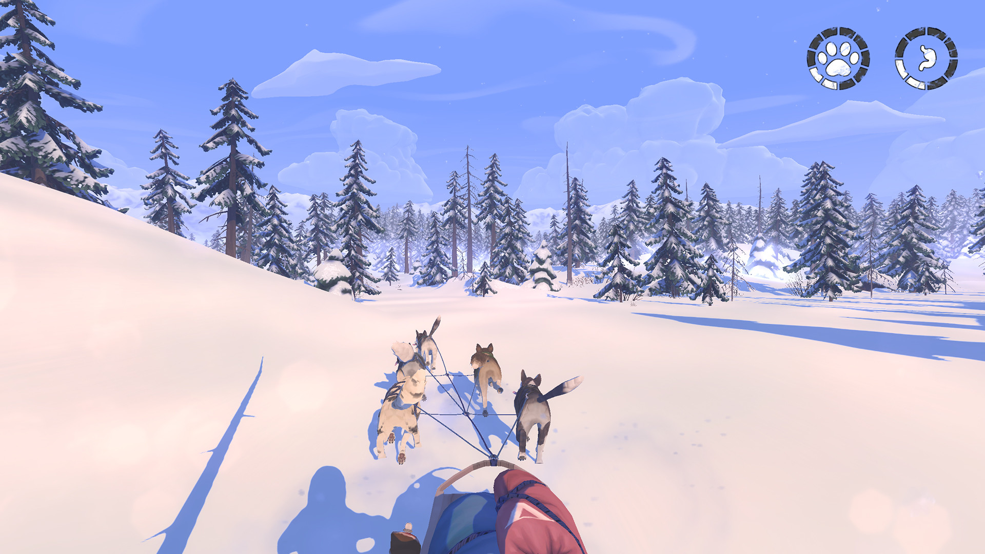 A dog team pulls a sled across an open snowfield.