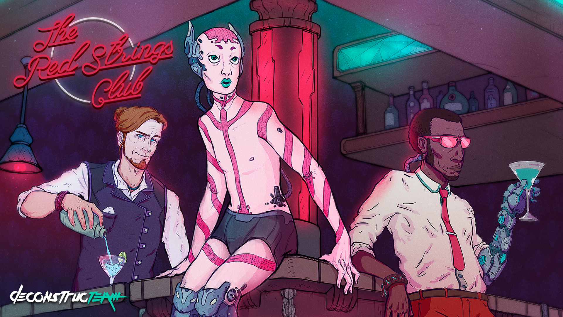 The Red Strings Club title beside three characters gathered at the bar.