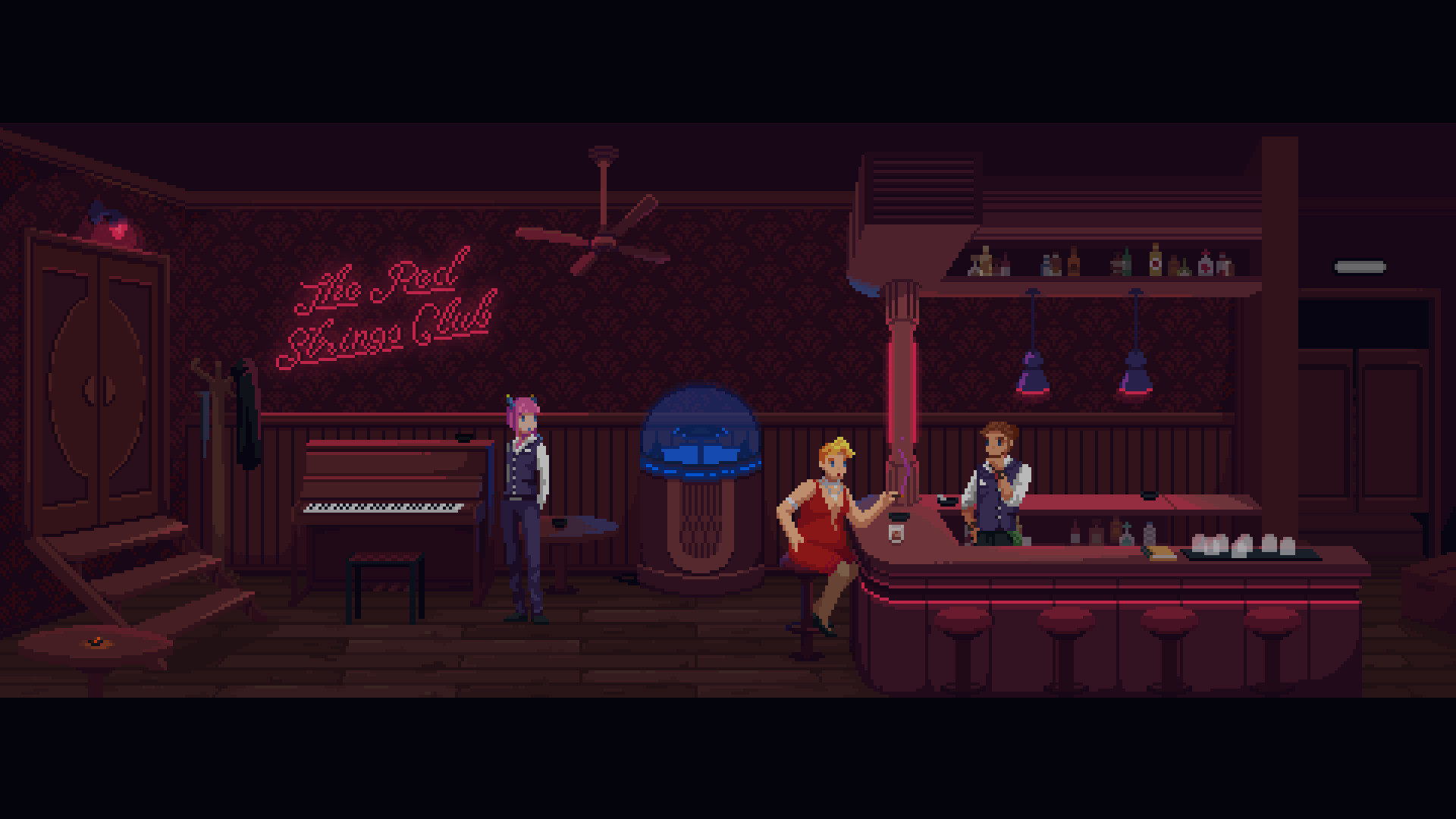 The bartender serves guests in the dimly lit Red Strings Club.