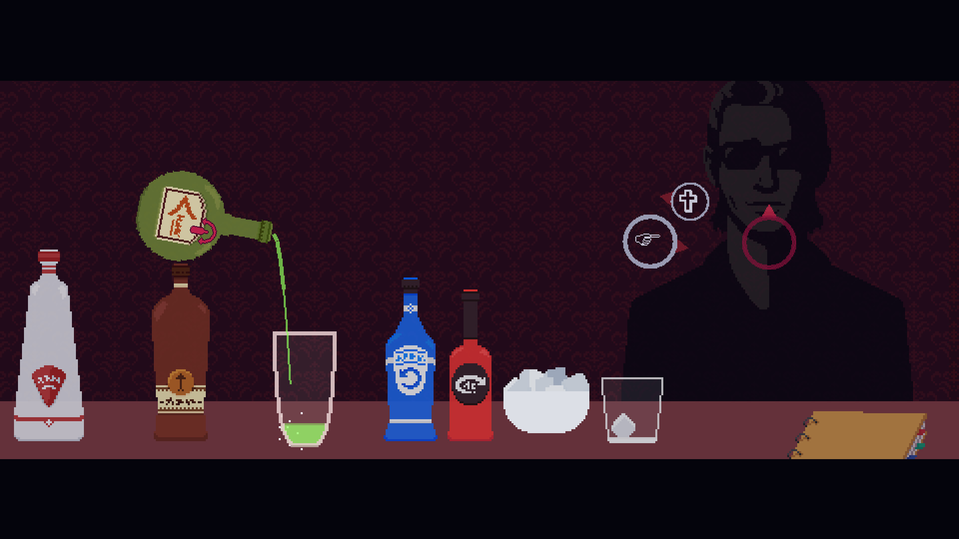 A drink-making interface shows bottles, a glass and a customer profile.
