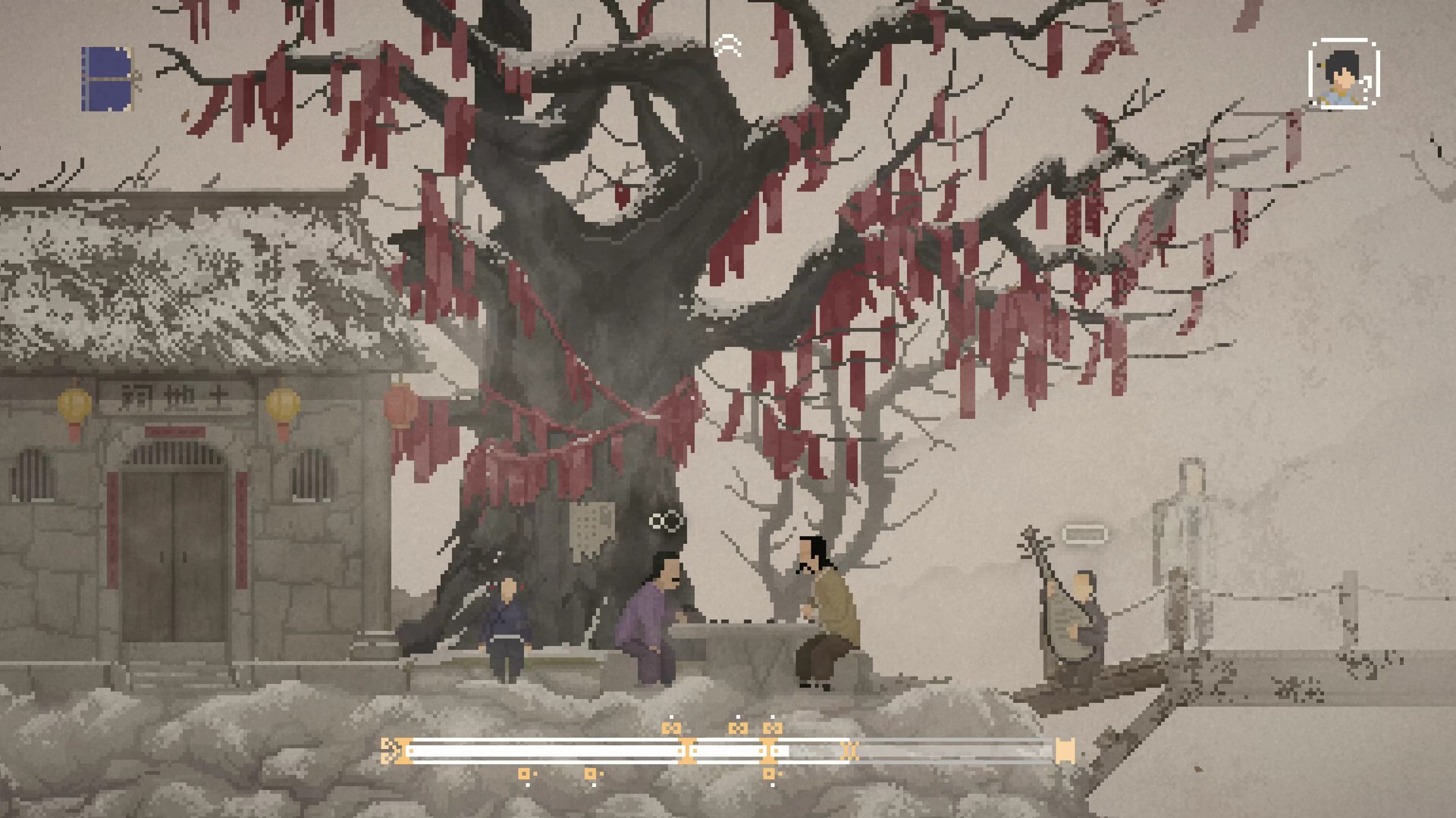 Yun approaches a tree covered in red talismans beside a village shrine.