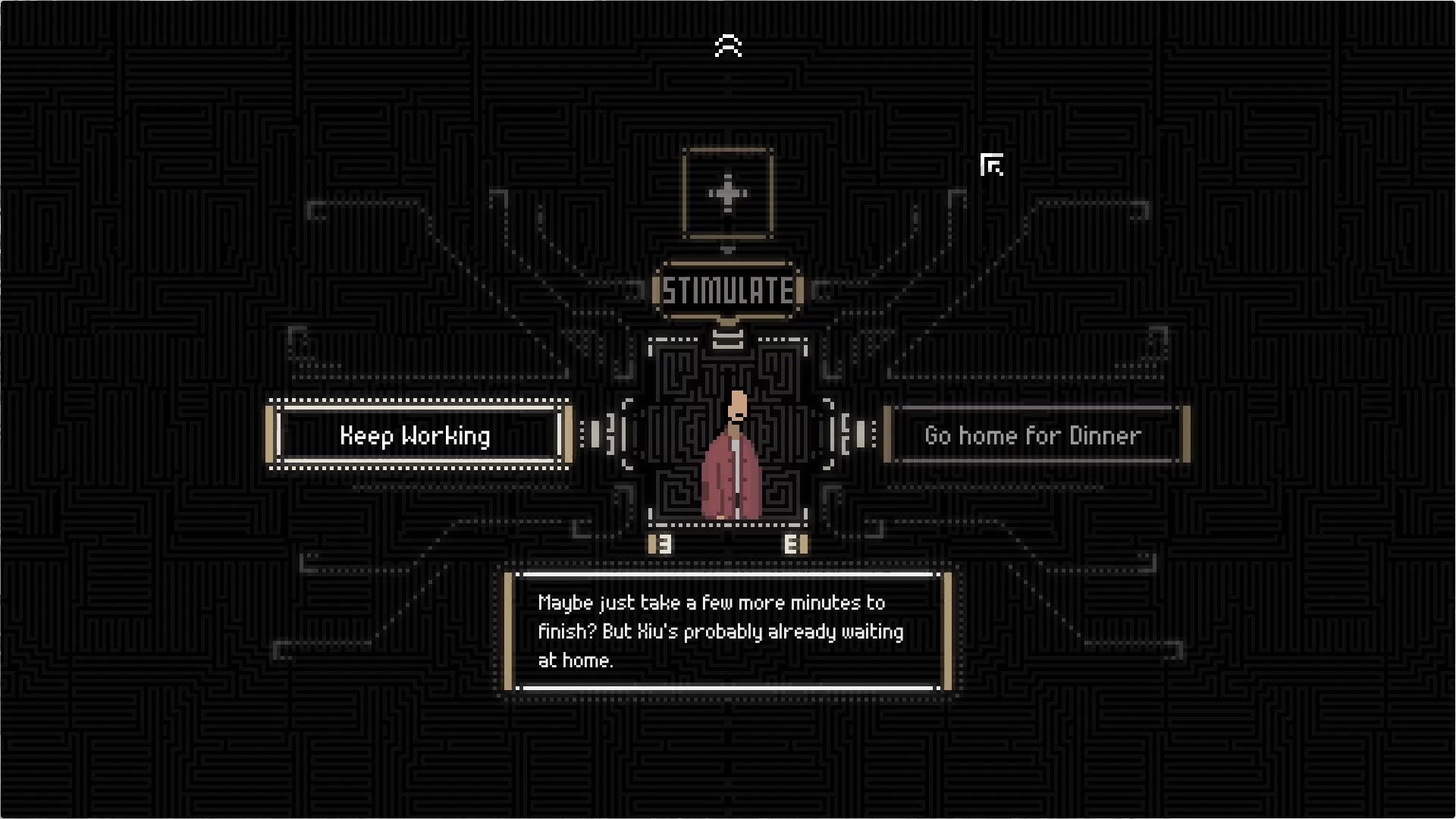 A memory scene presents two choices beside a central figure.