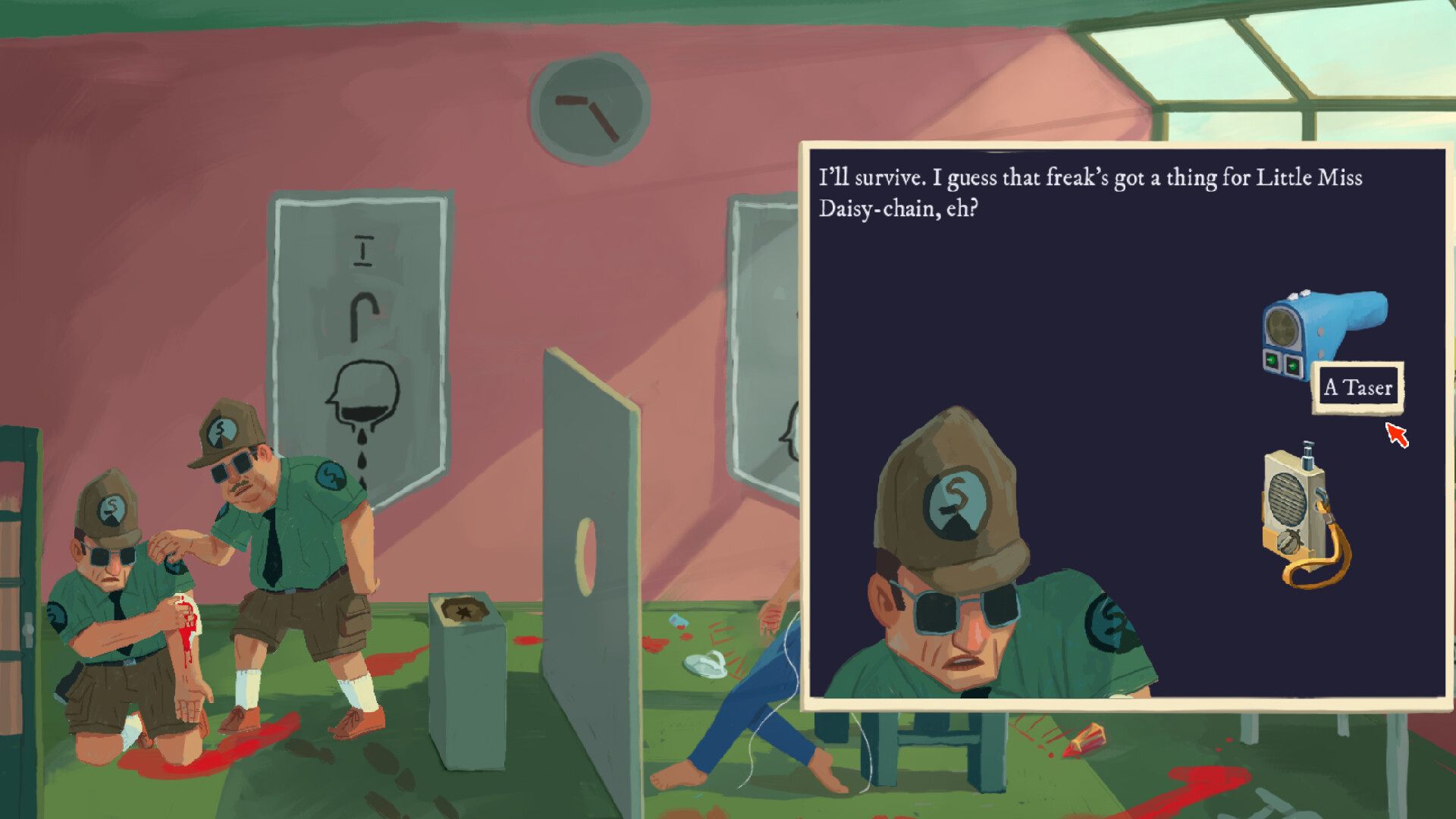 Investigators gather around a strange device while clues appear in an inset panel.