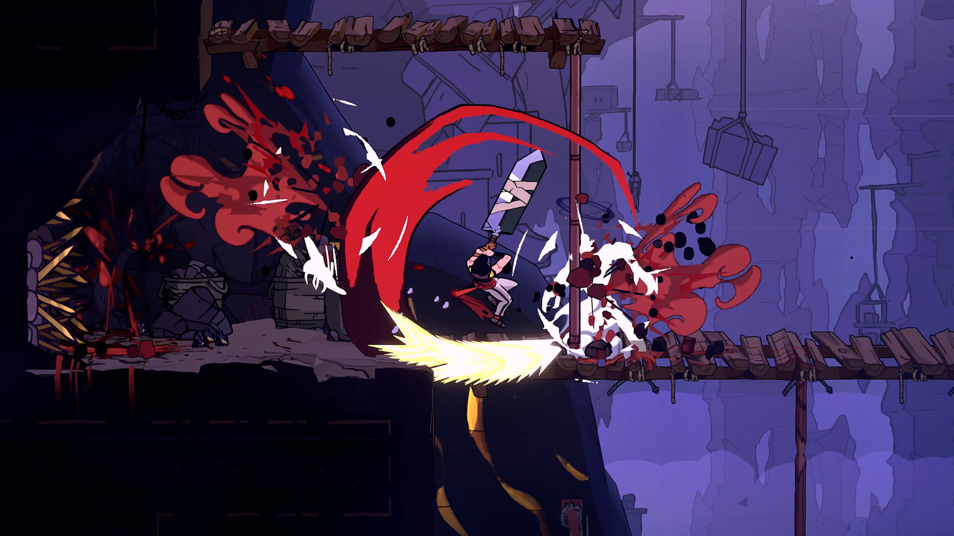 The Prince strikes an enemy across a narrow wooden bridge.