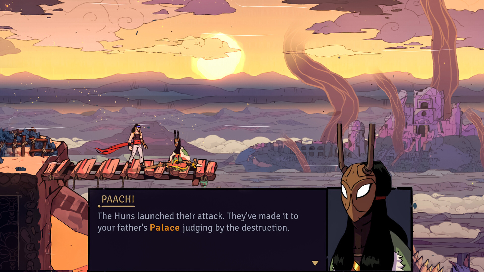 The Prince speaks with Paachi against a sunset sky.