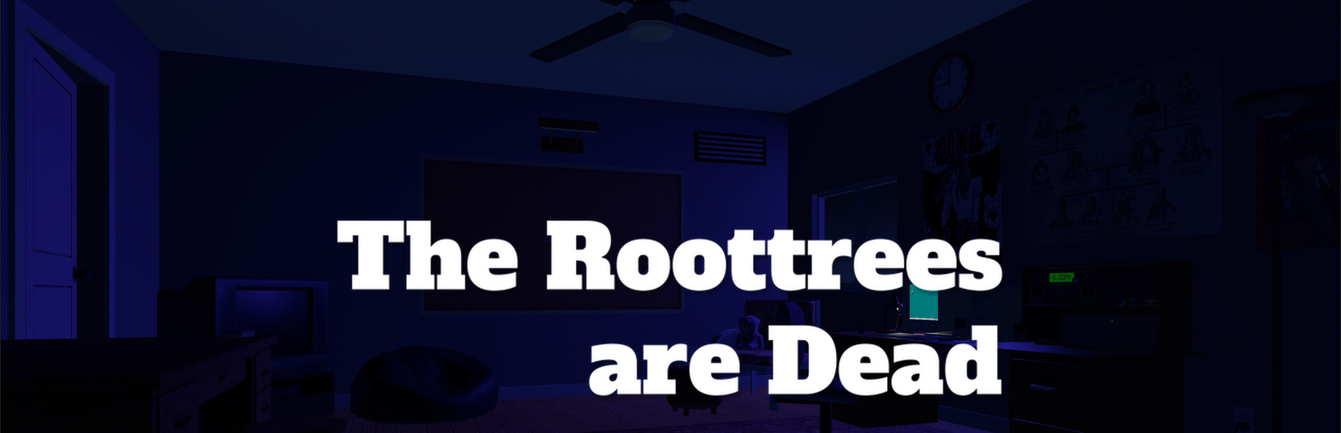 Official Steam library artwork sets The Roottrees are Dead title over a dark 1998-style research room.