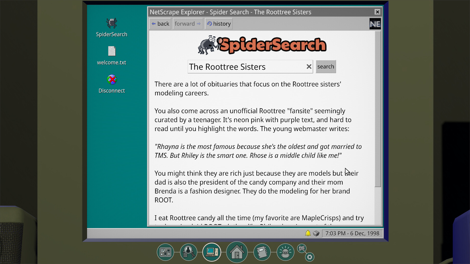 A 1998-style browser displays search results about the Roottree sisters.