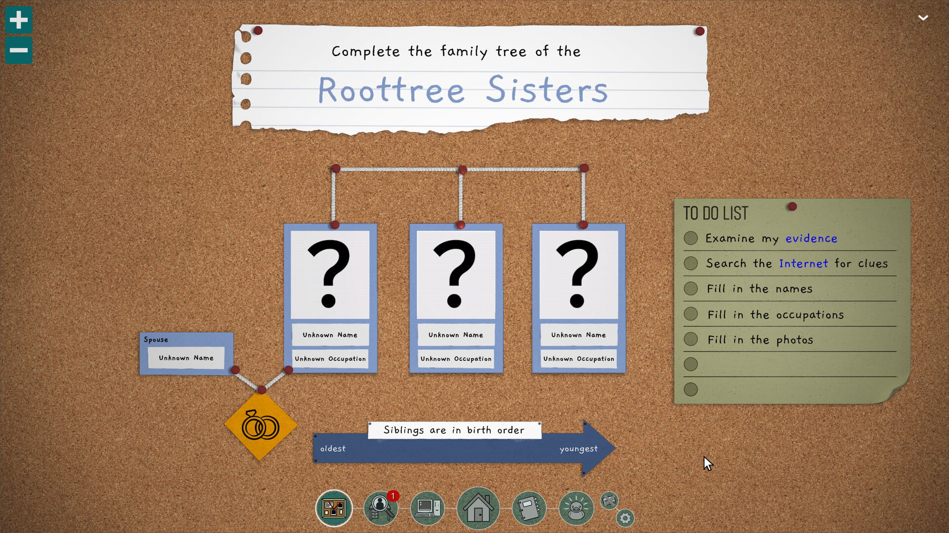 The family-tree board asks the player to identify three Roottree sisters.