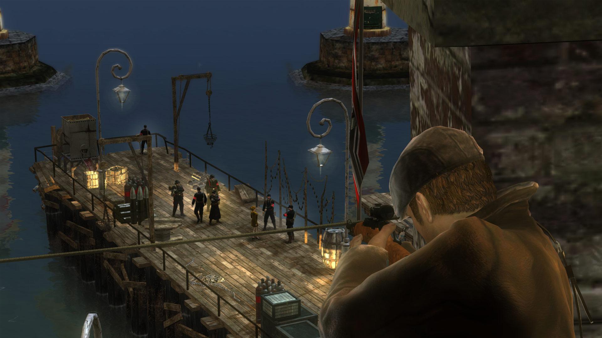 Sean aims a rifle toward soldiers on a wooden dock.
