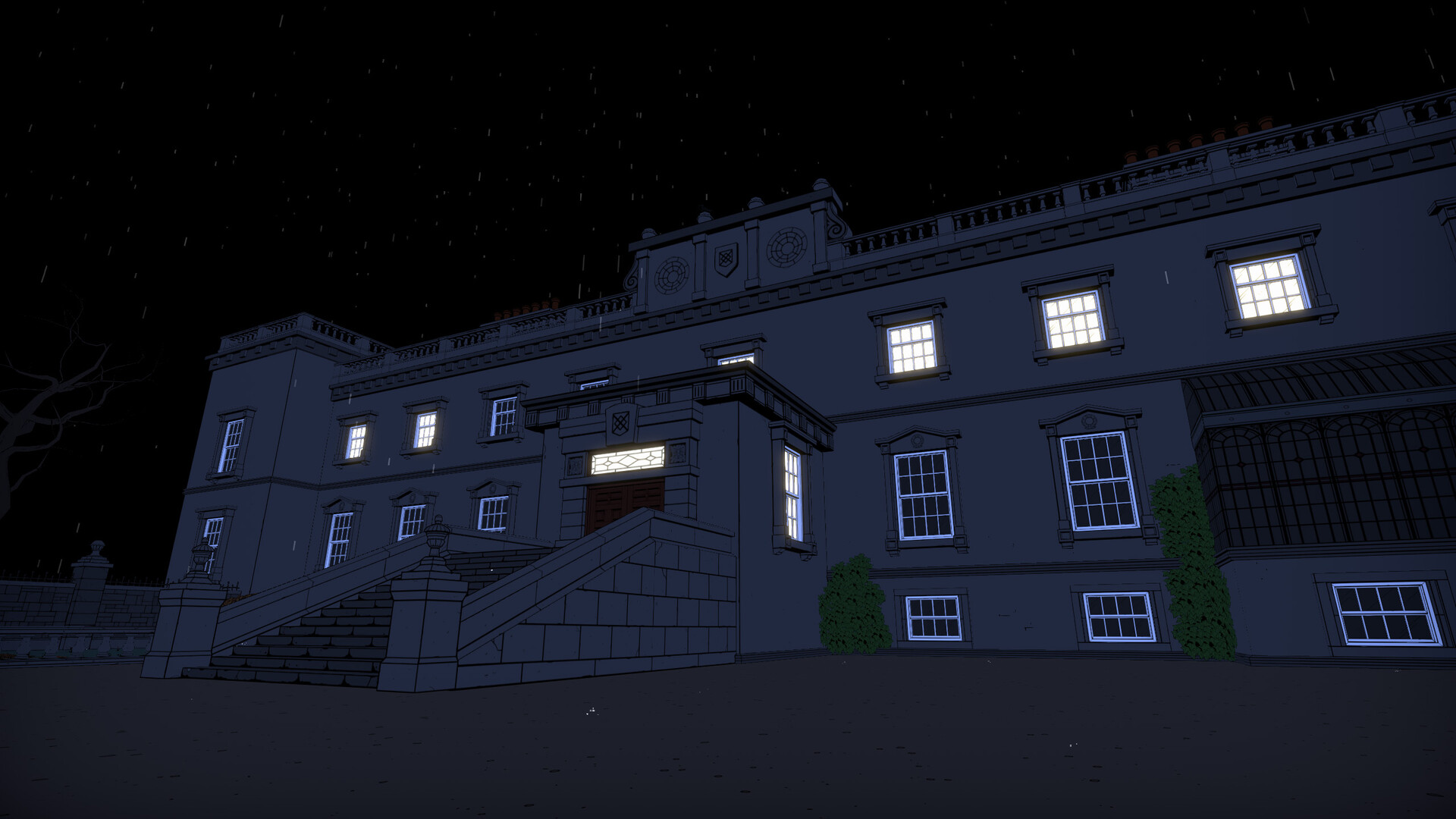 Blake Manor stands against the night sky with light in several windows.