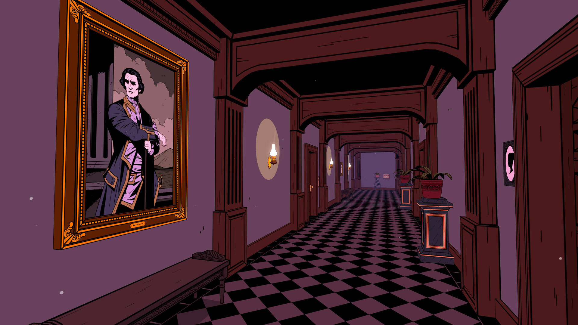 A portrait hangs beside a long checkerboard corridor inside the manor.