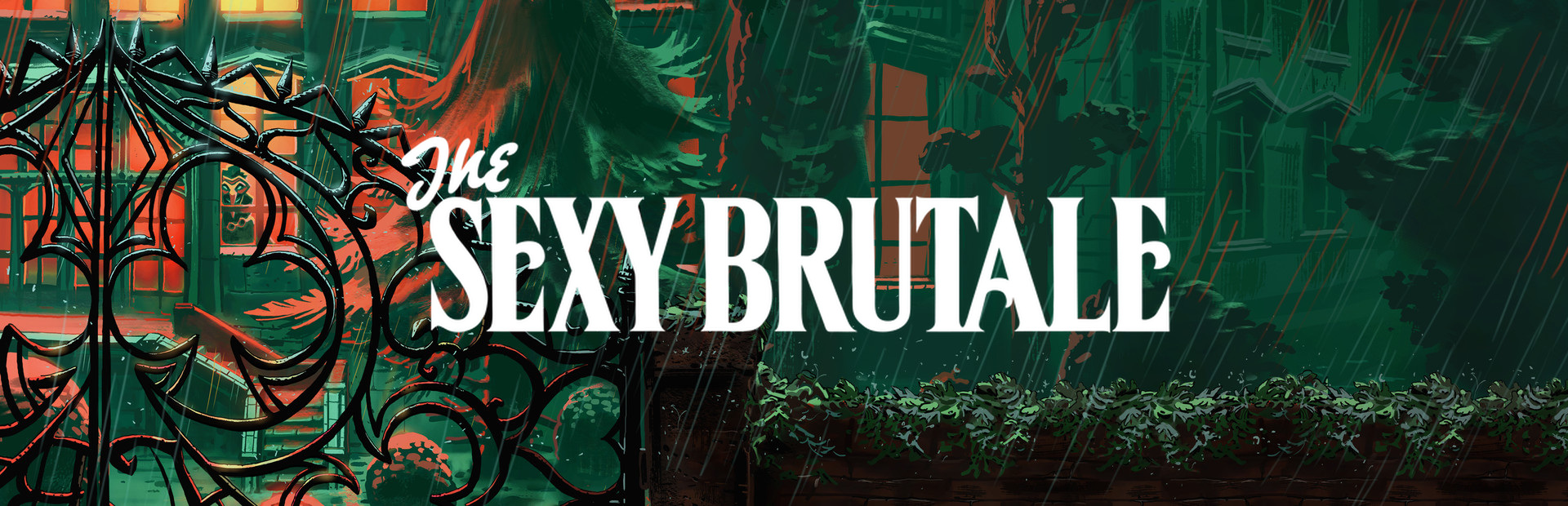 Official Steam library artwork sets The Sexy Brutale title over the mansion in green and red light.