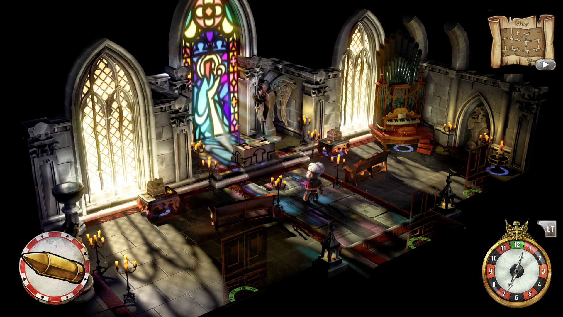 A masked guest crosses a stained-glass room as the timepiece tracks the day.