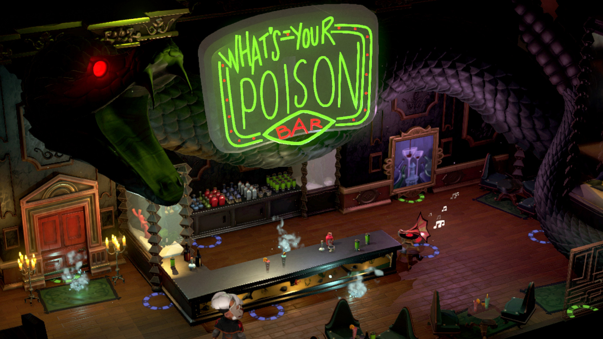 The Poison Bar glows inside the casino mansion.