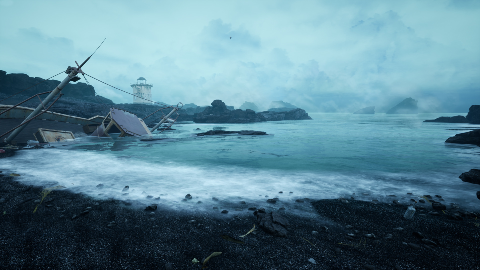 A wreck lies on a bleak coast beneath a cloudy sky.