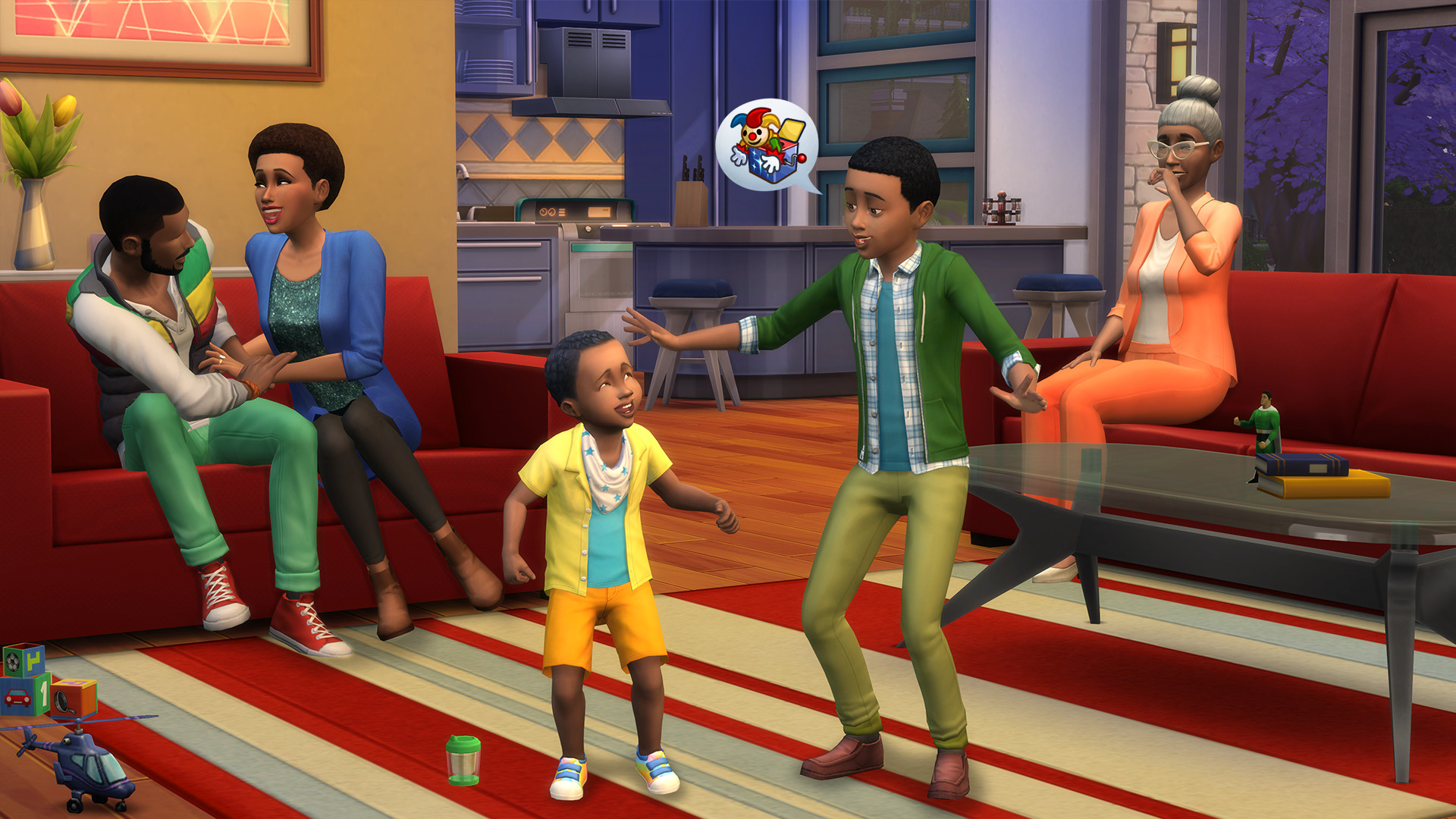 A family of Sims spends time together in a living room.