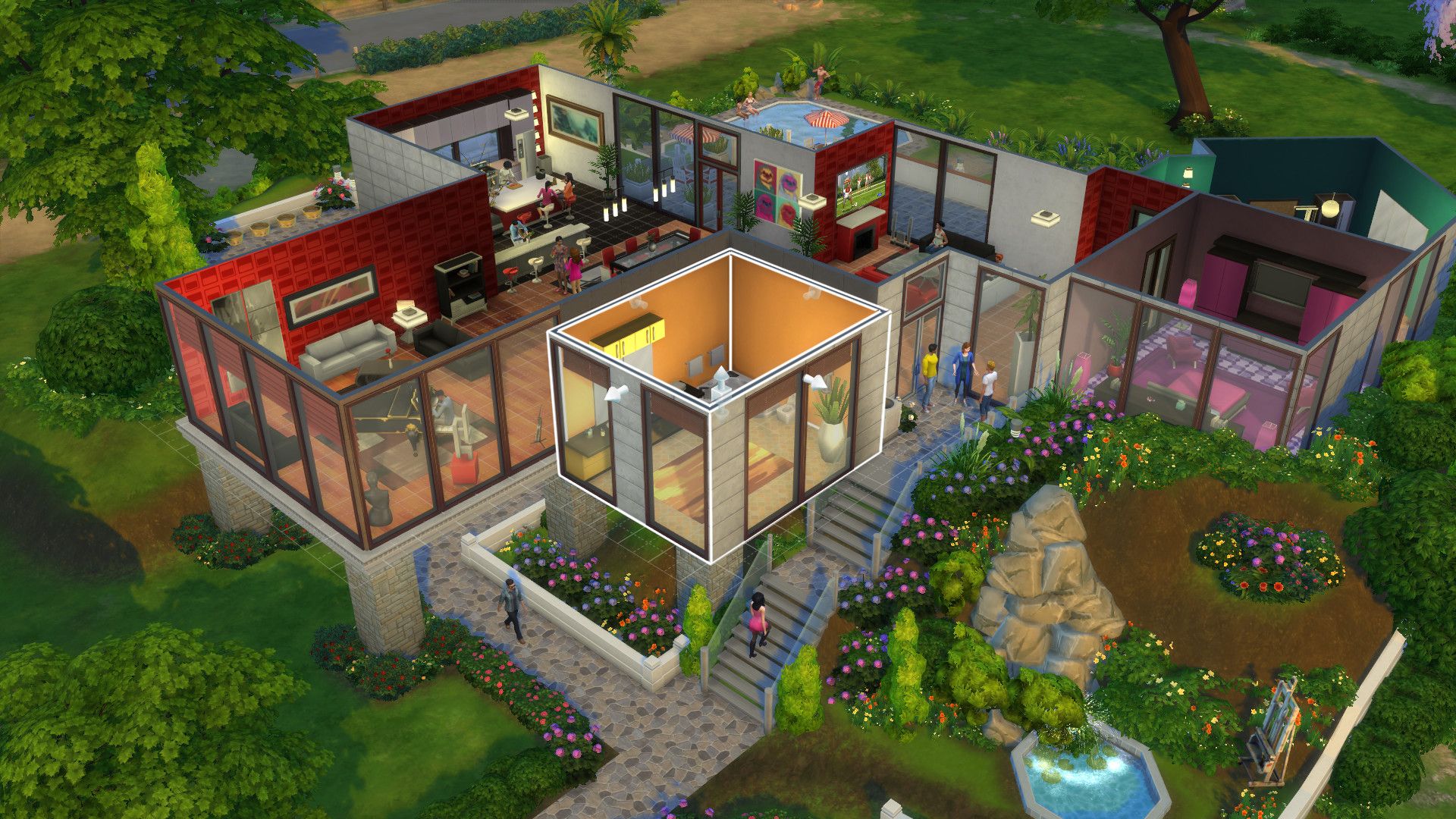 A cutaway view reveals the rooms and gardens of a built home.