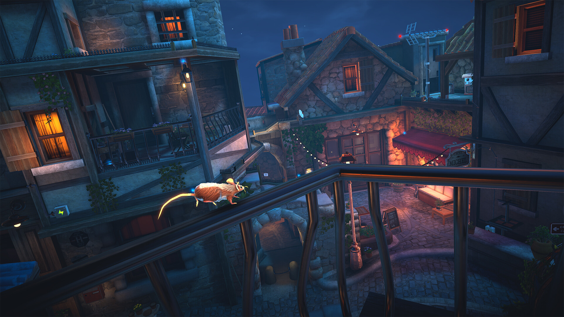 Lila the mouse runs along a railing above a lit village street.