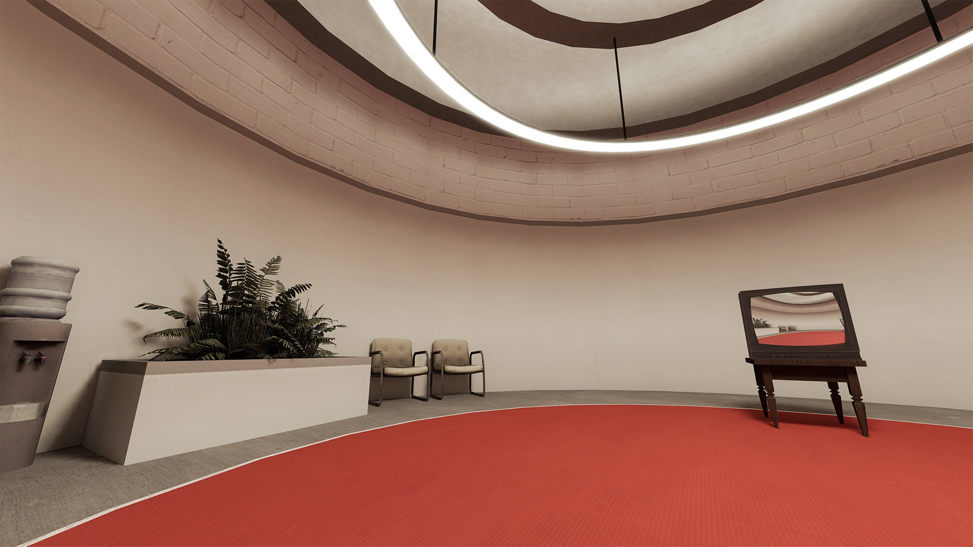 A curved waiting room contains chairs and a television set.