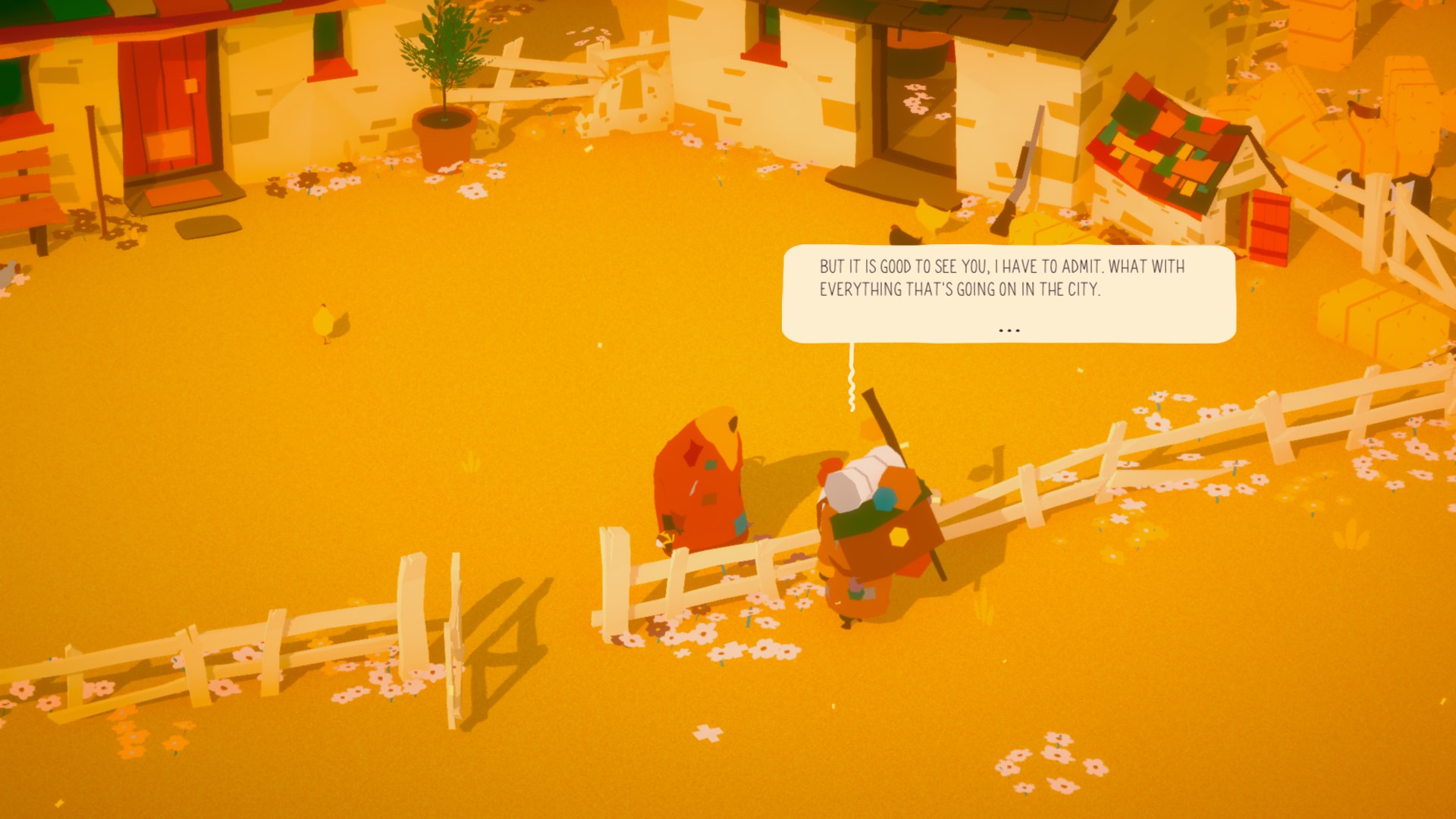 Talma speaks with the travelling merchant beside her farm fence.