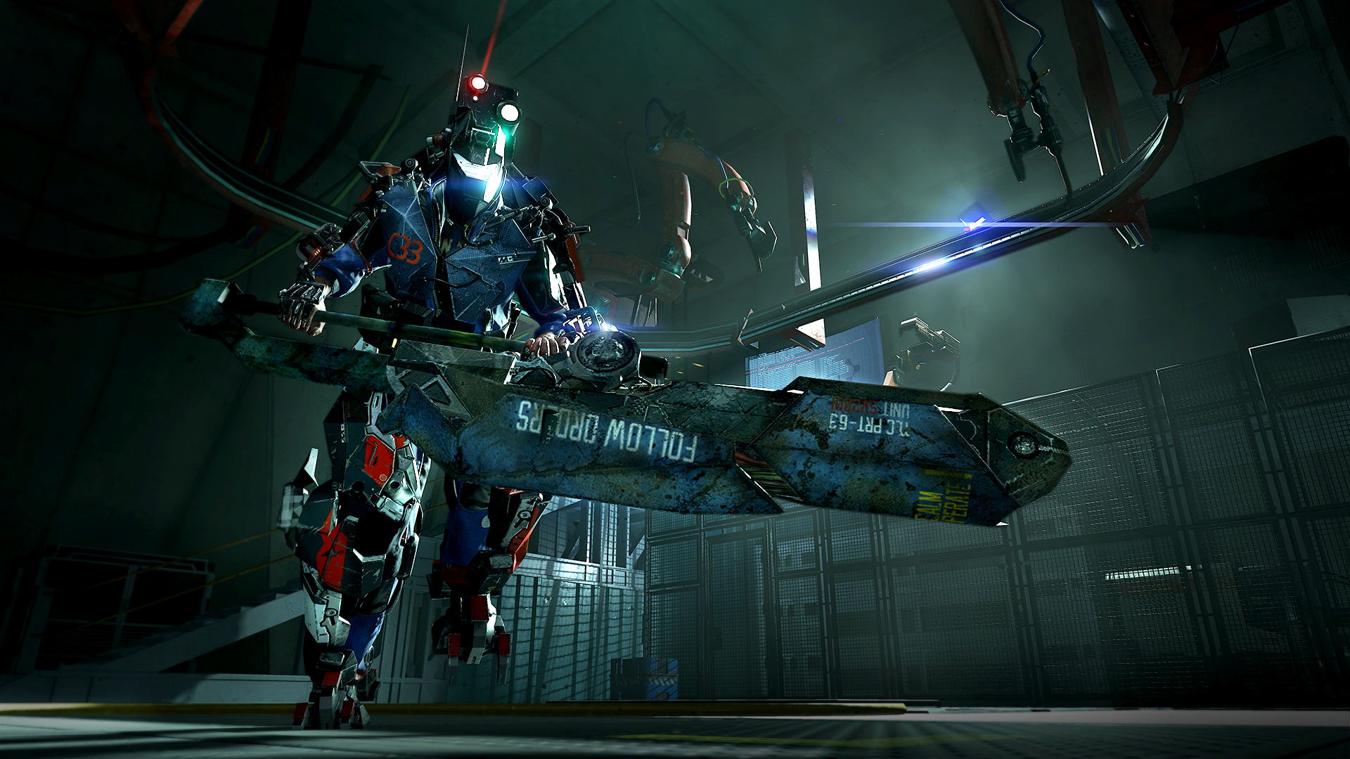 An exosuit fighter faces an armed machine inside the CREO complex.