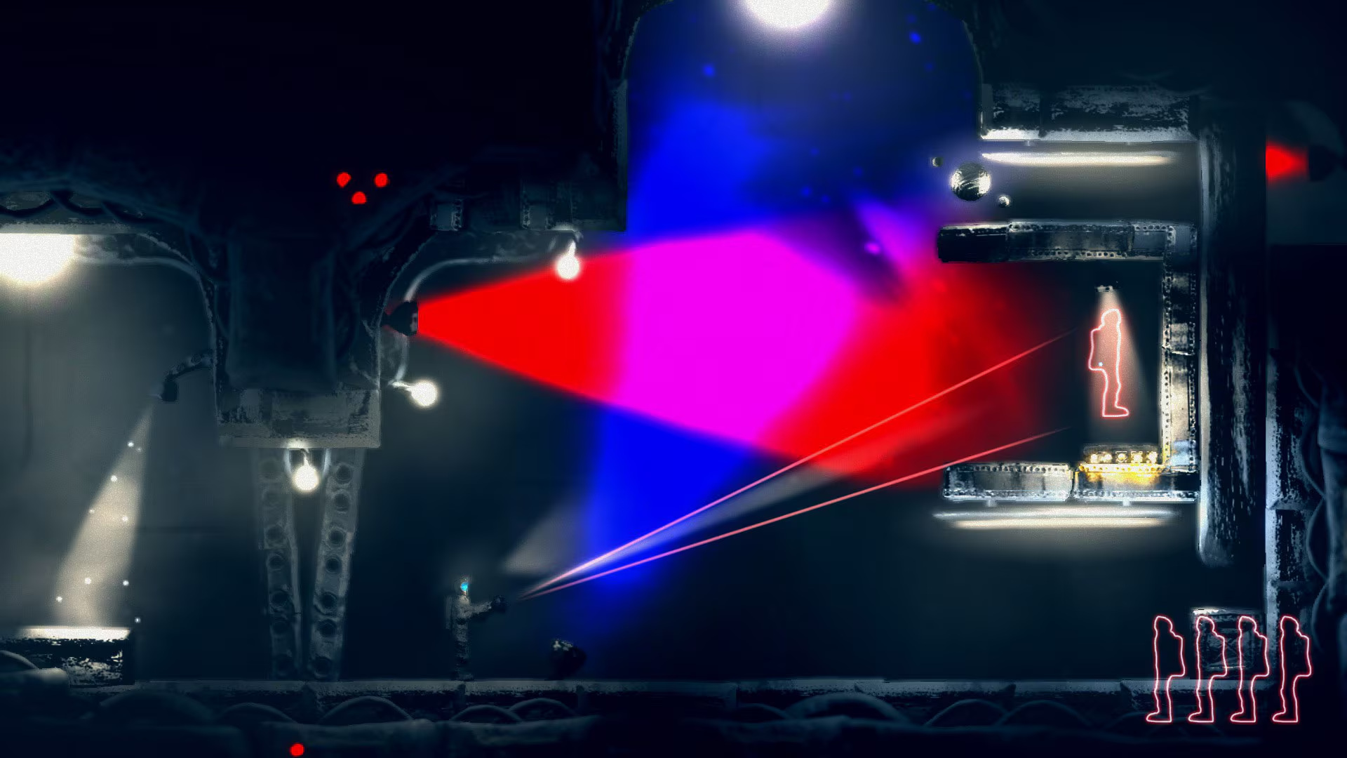 A Swapper puzzle room with red and blue light barriers and clone outlines.