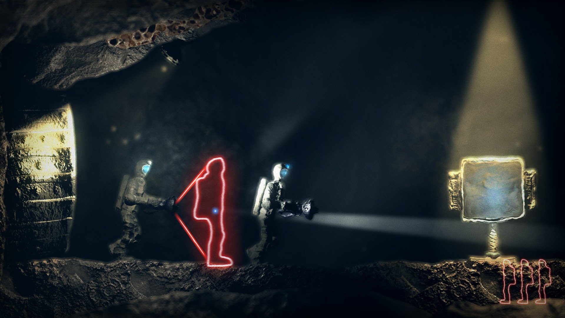 The explorer positions a clone beneath a light beam in a dark chamber.