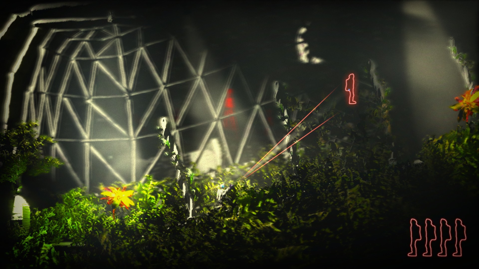 A clone and coloured light barriers frame a puzzle room.
