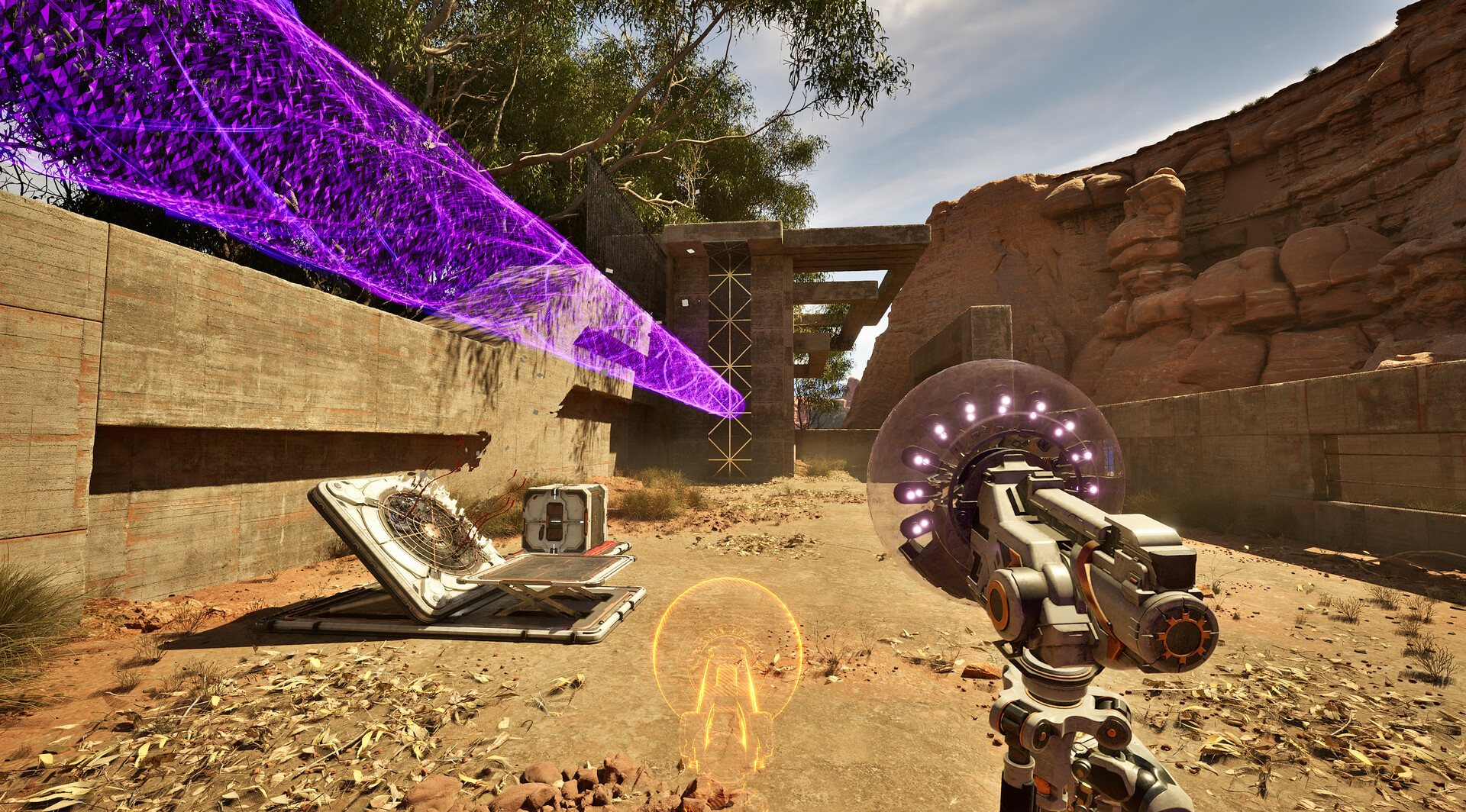 A first-person puzzle device faces a purple force field in a desert ruin.