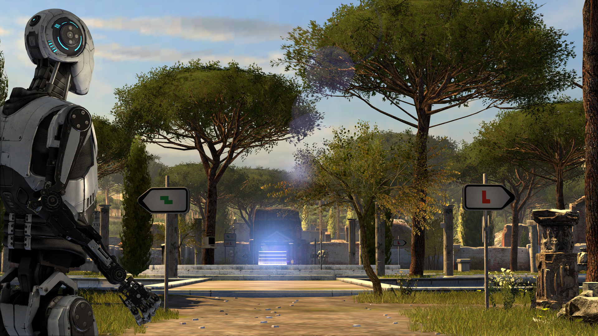An android faces puzzle gateways in a tree-lined courtyard.