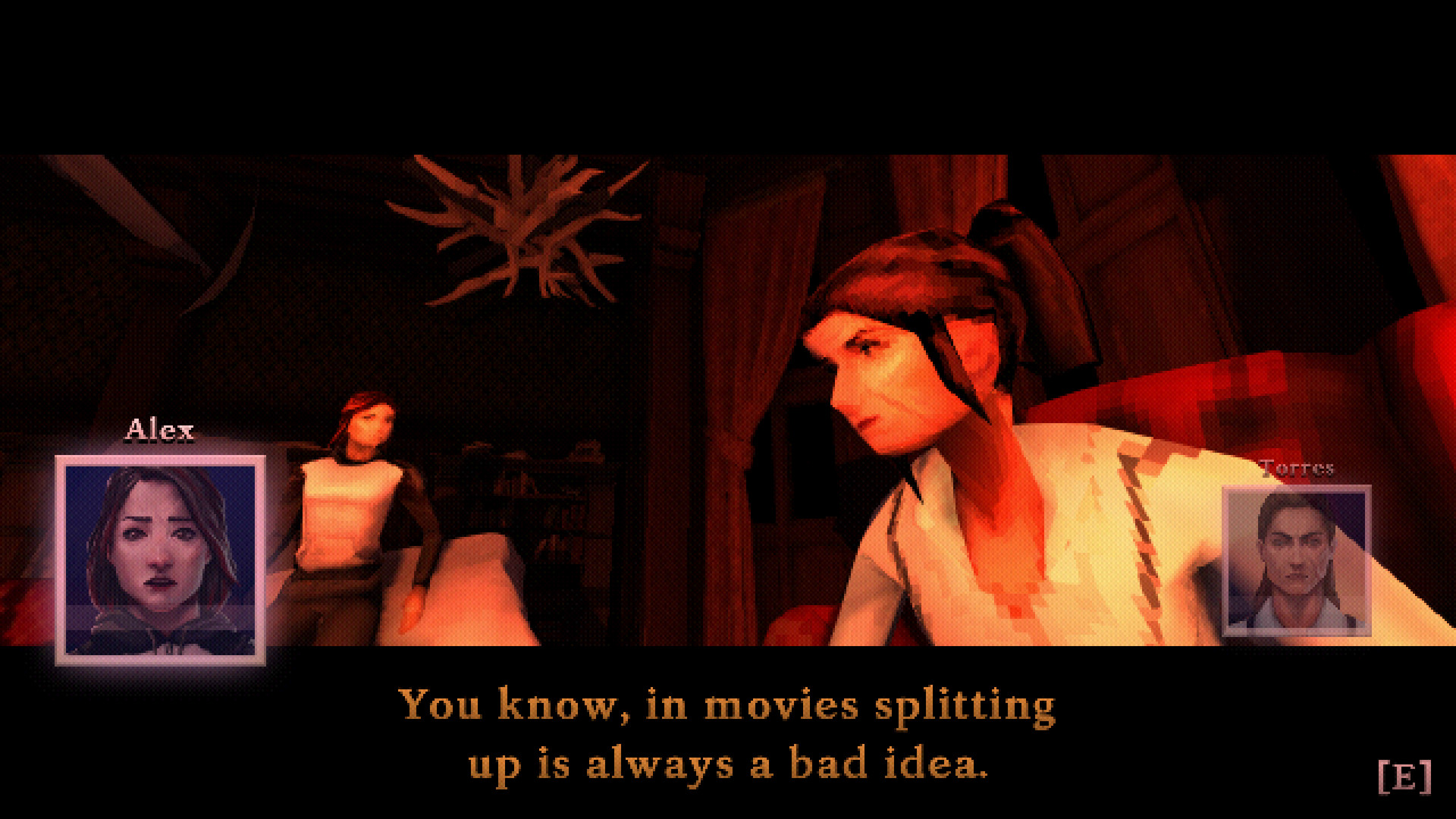 Alex and Torres speak inside the mansion in a stylised dialogue scene.