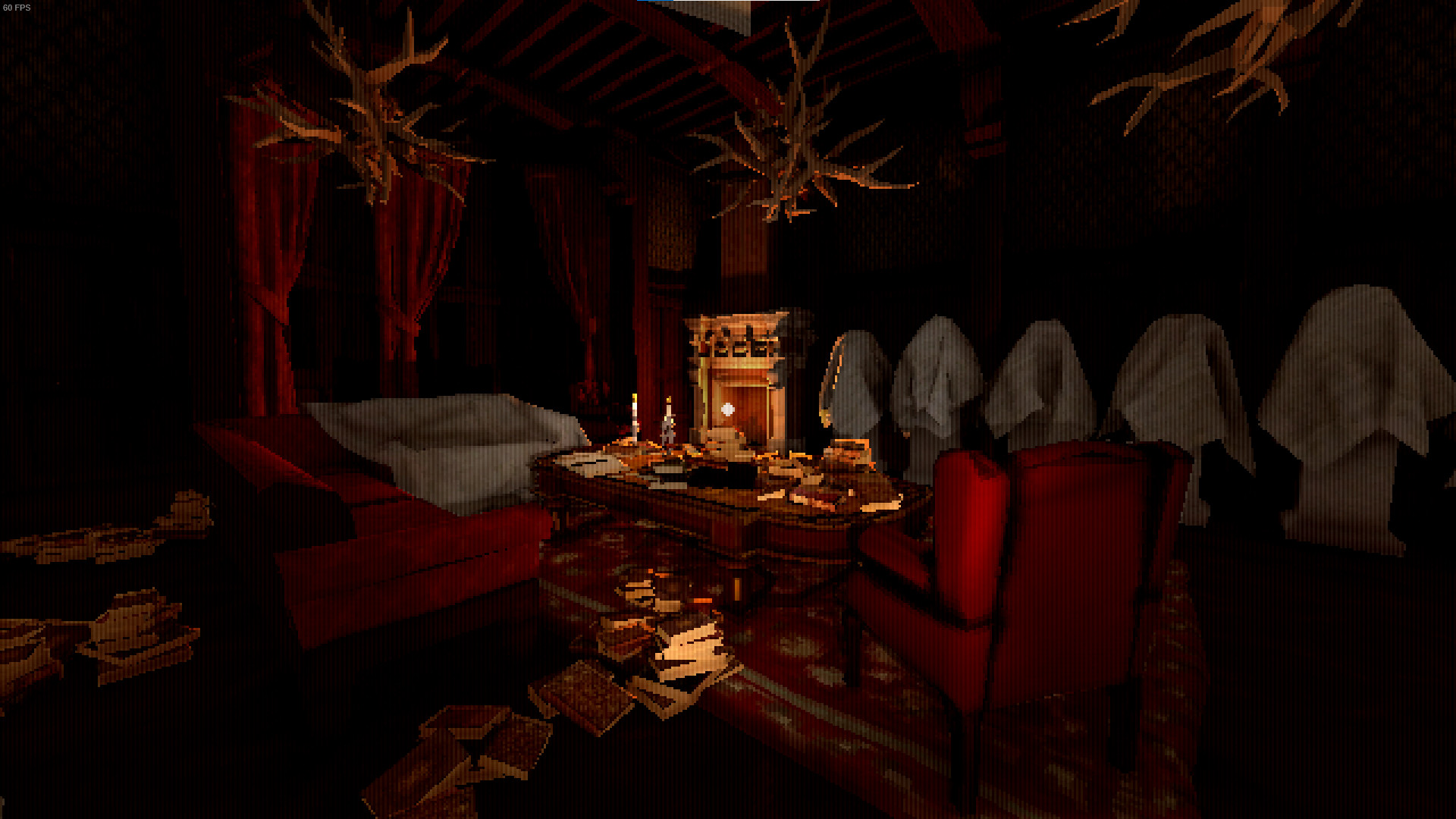 A dimly lit room contains a table, covered furniture and hanging decorations.