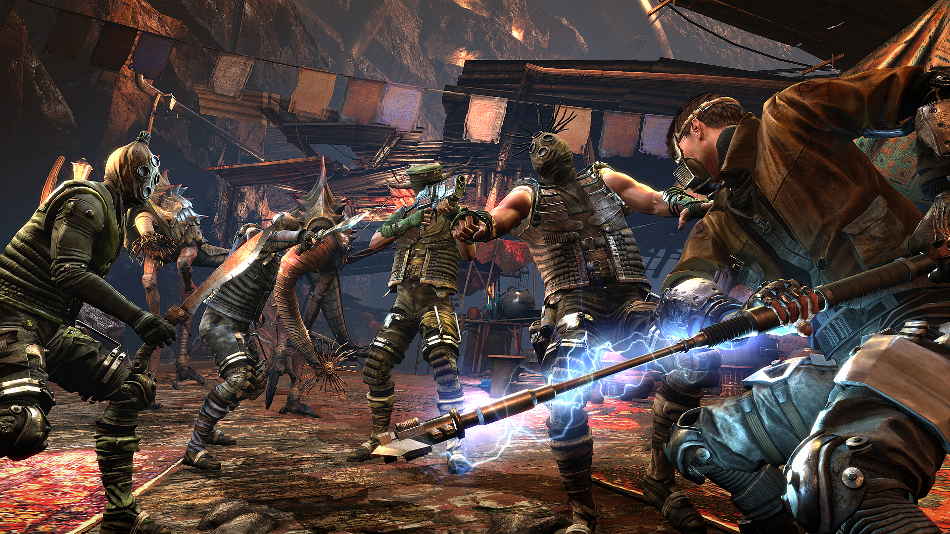 Fighters clash as electrical power arcs from a weapon.