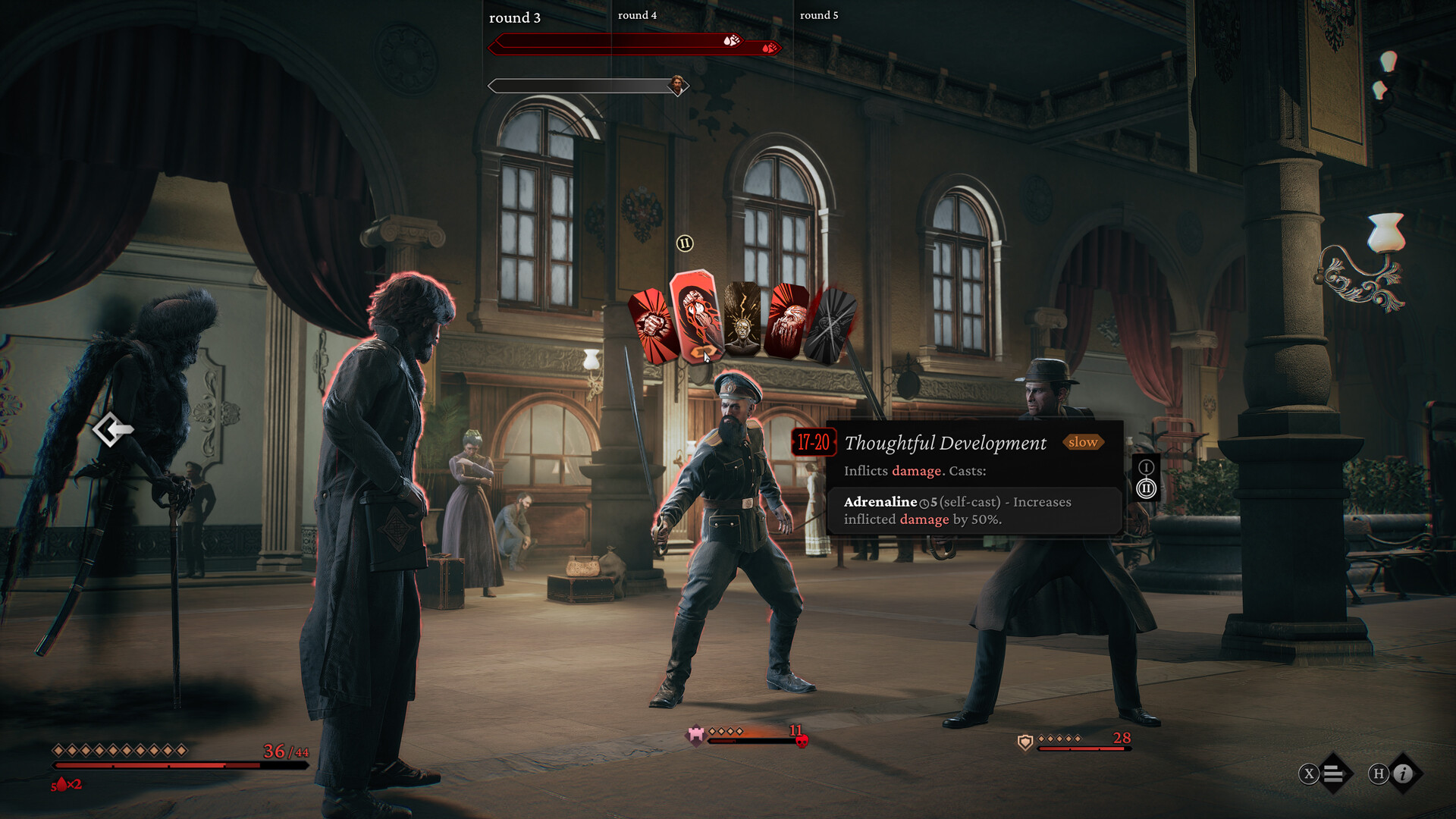 A turn-based encounter unfolds inside a furnished hall.