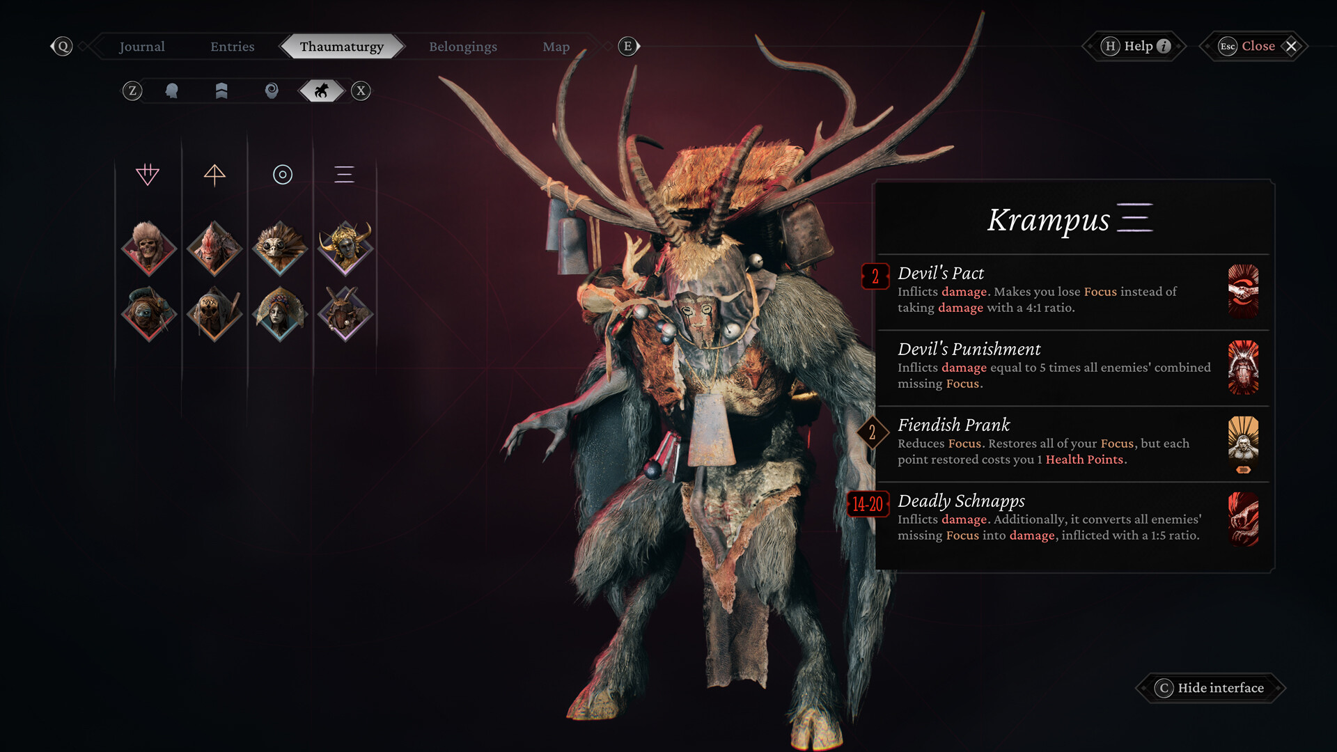 The thaumaturgy menu displays the antlered salutor Krampus and its abilities.