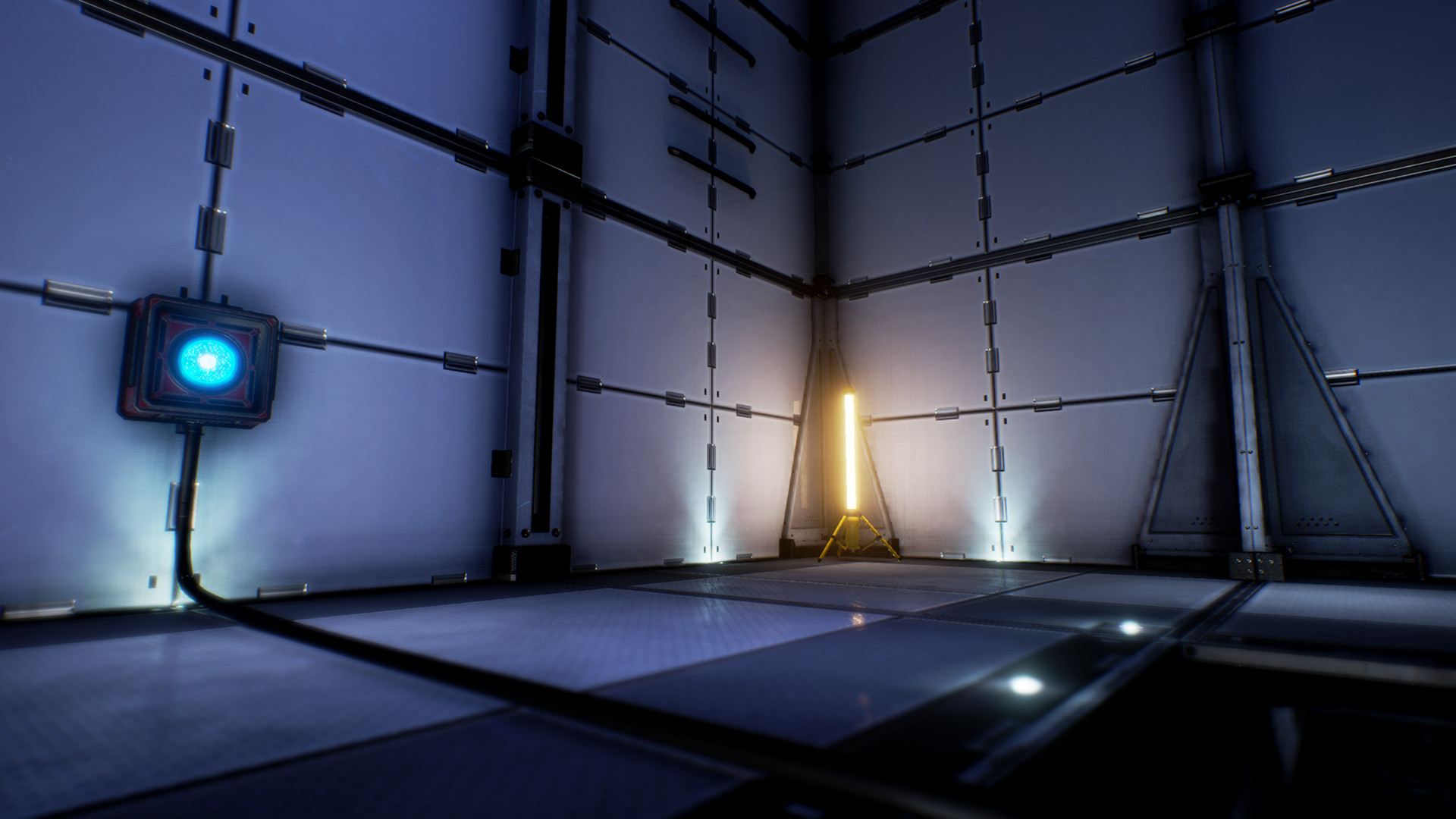 A blue energy socket and lit doorway form part of a test chamber.