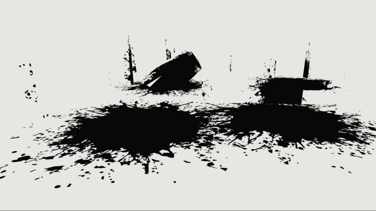 Black paint splashes reveal objects in an otherwise white opening space.