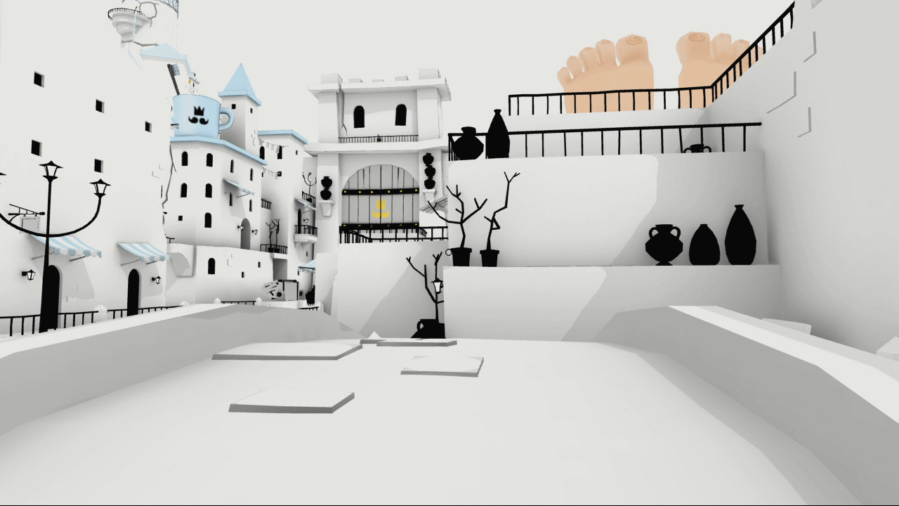 White buildings and black architectural details form a street in the unfinished kingdom.