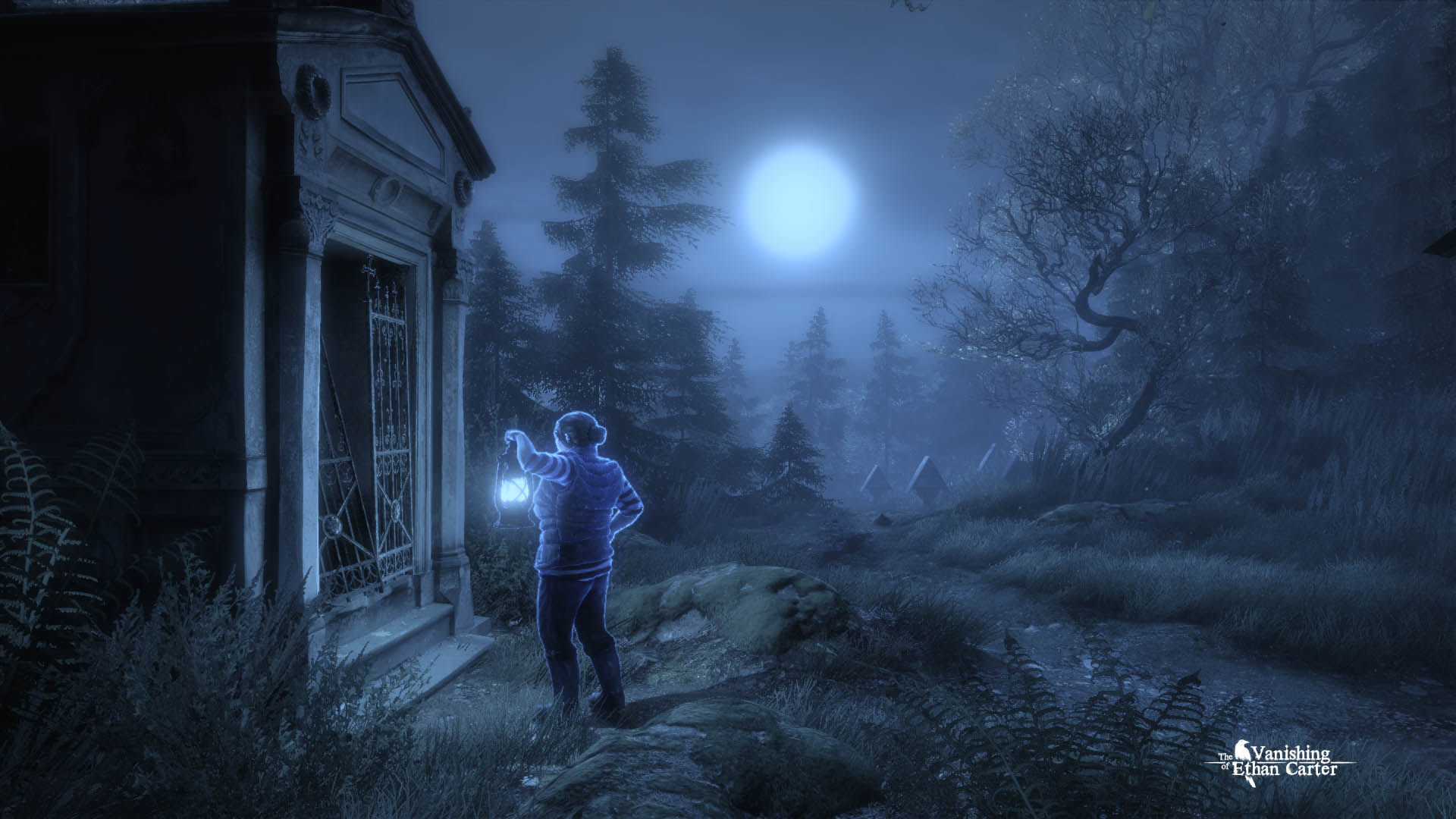 A glowing figure walks toward a house under a moonlit sky.