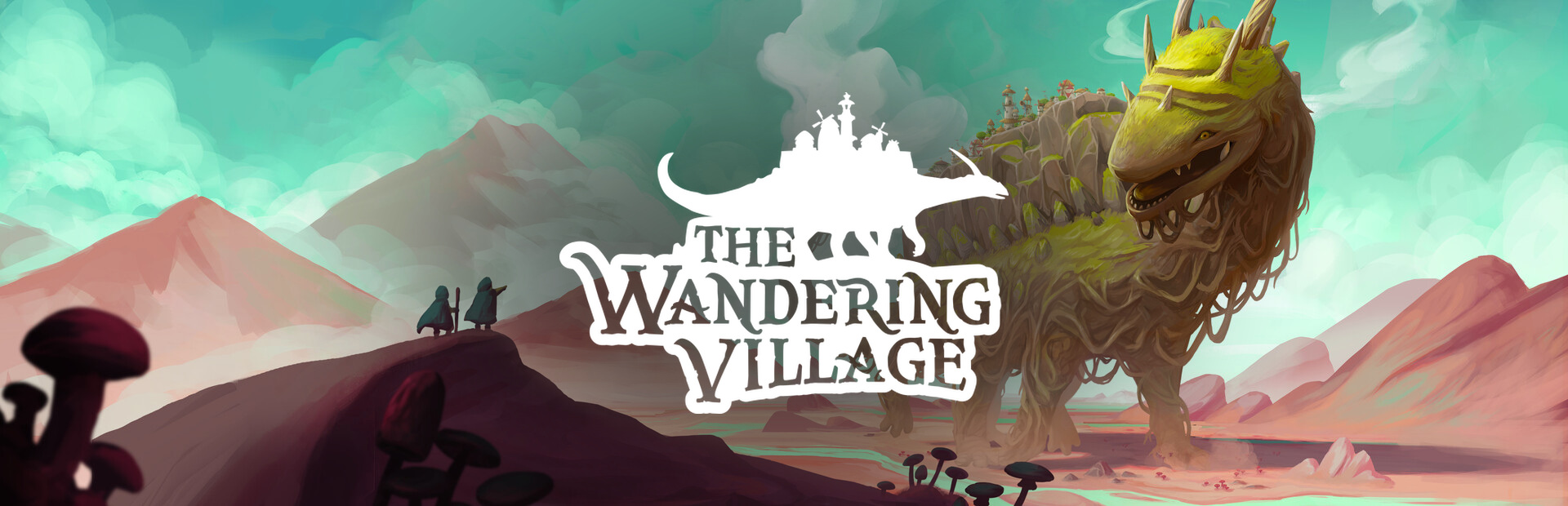 Official Steam library artwork places The Wandering Village title before Onbu carrying a settlement across a landscape.