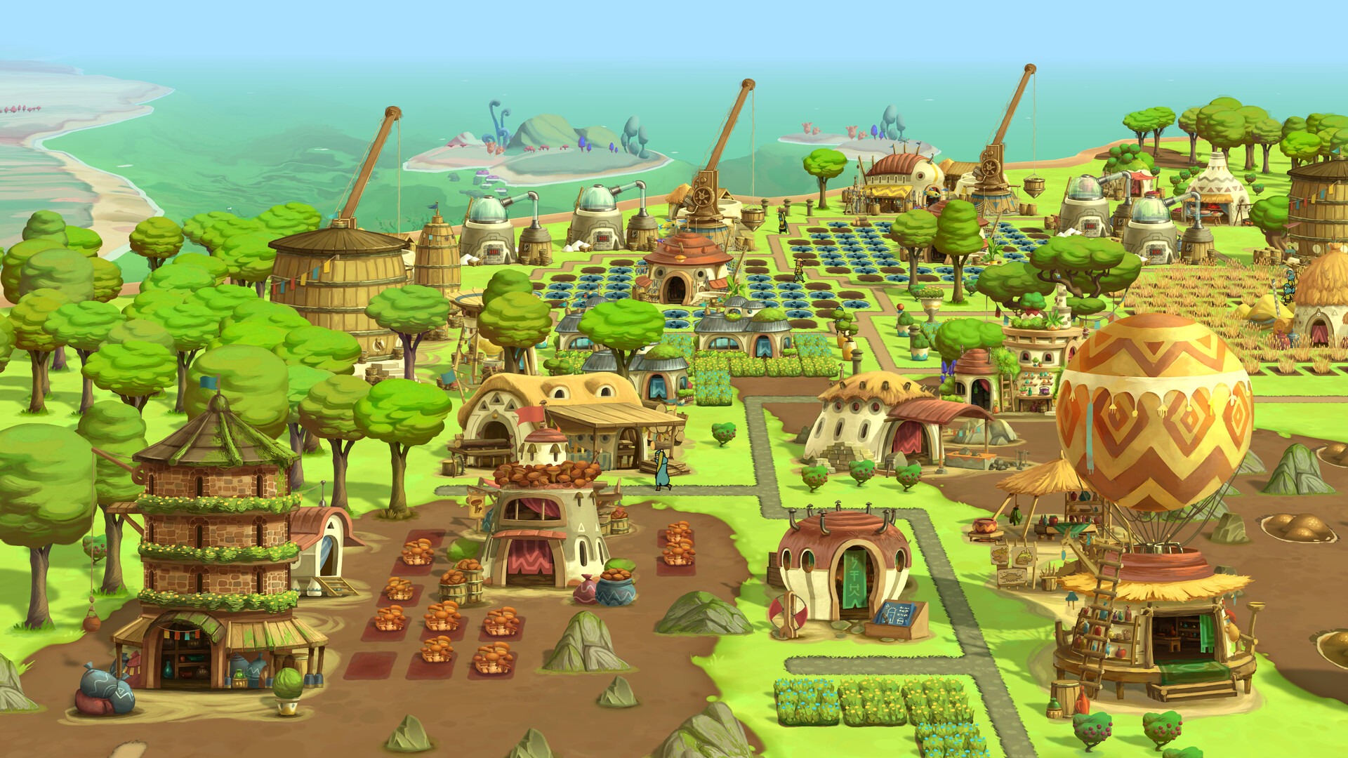 A village of fields, homes and machinery covers Onbu’s back.