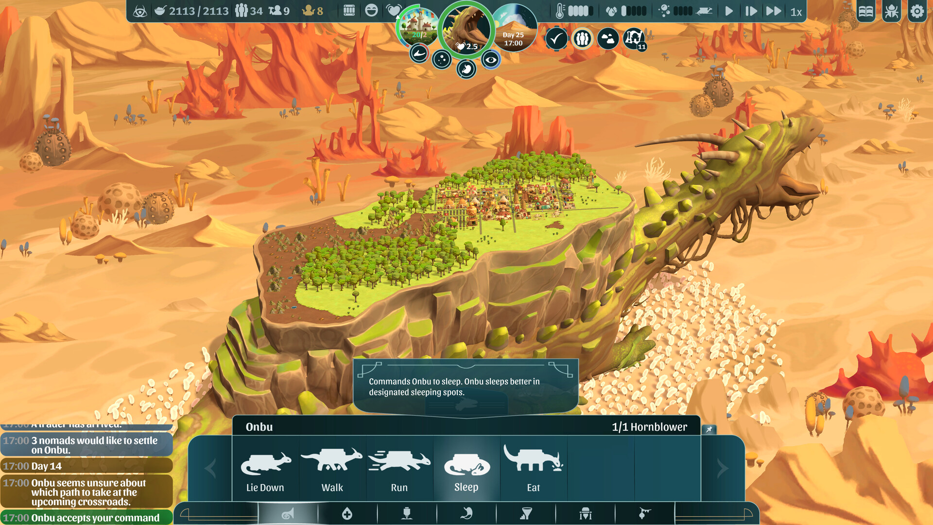 Onbu carries a developed settlement through an orange desert as its command panel appears.