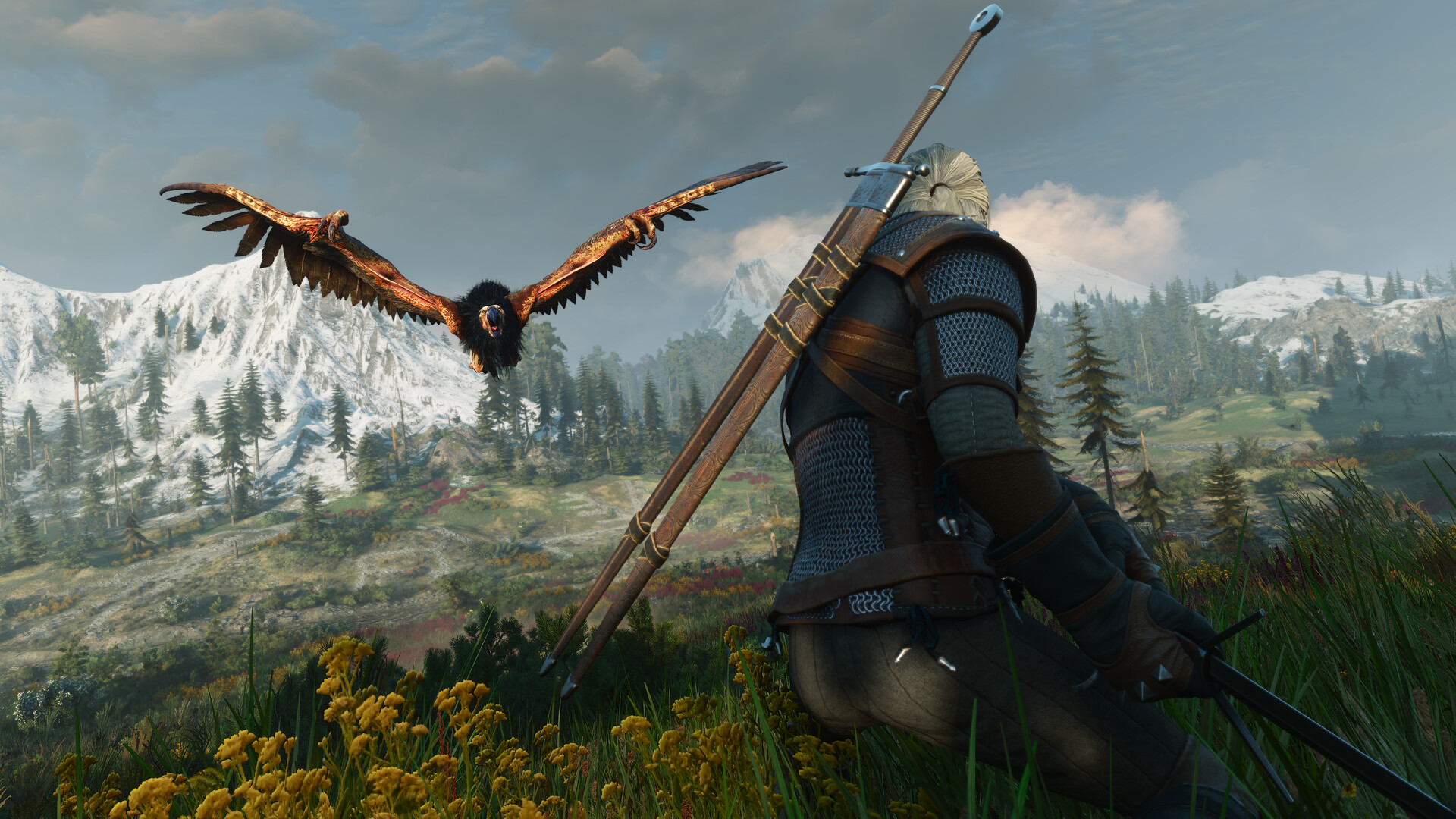 Geralt faces a flying griffin in the countryside.
