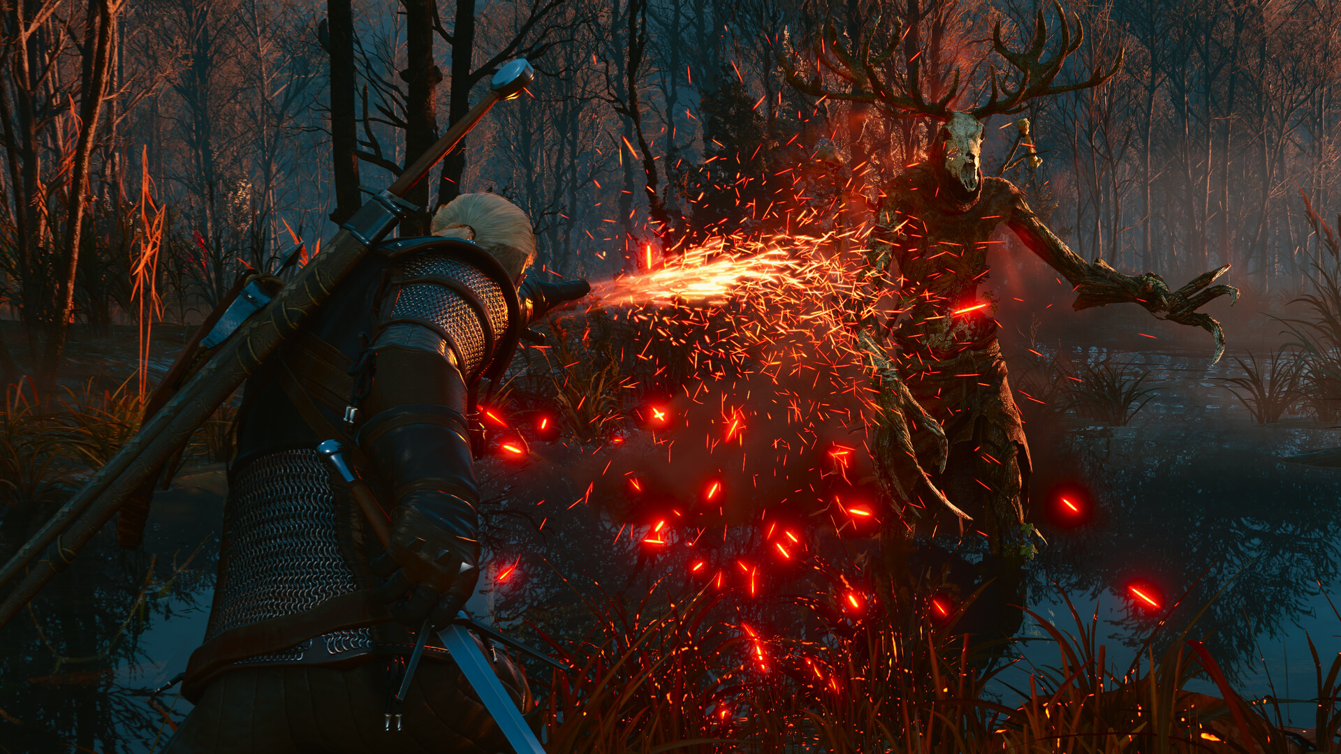 Geralt uses a fiery Sign against creatures in a wooded marsh.