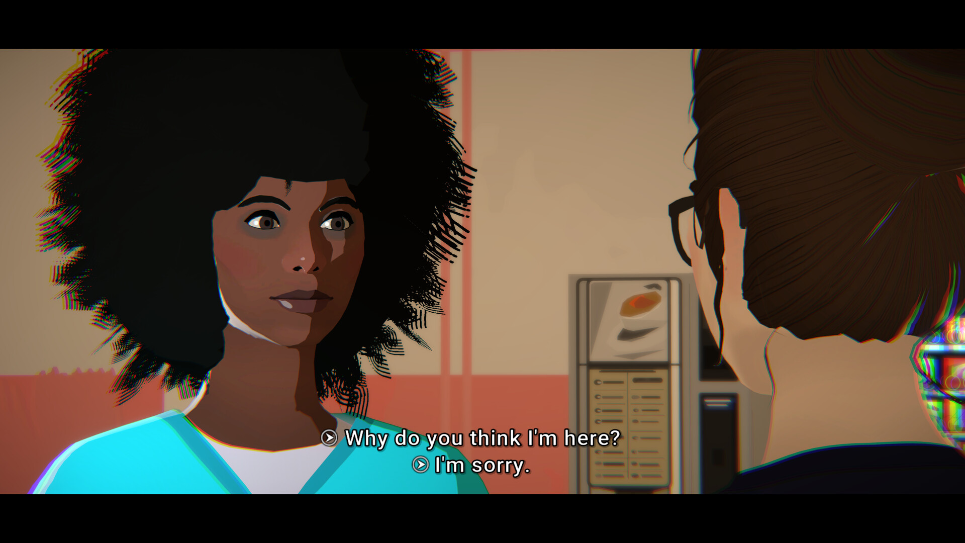 Junon speaks with a woman in a hospital scene as dialogue choices appear.
