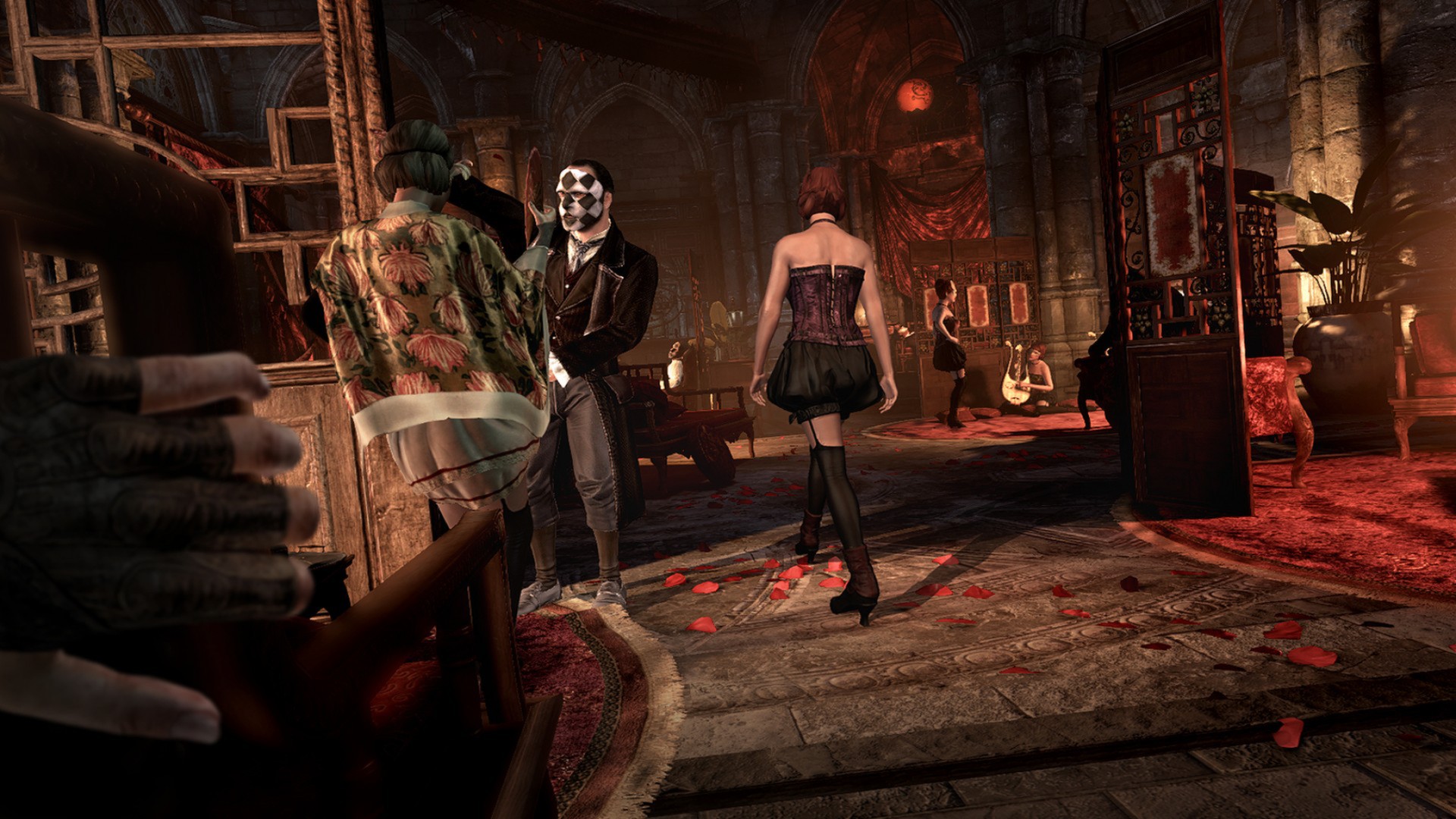 A masked figure walks through an ornate interior.