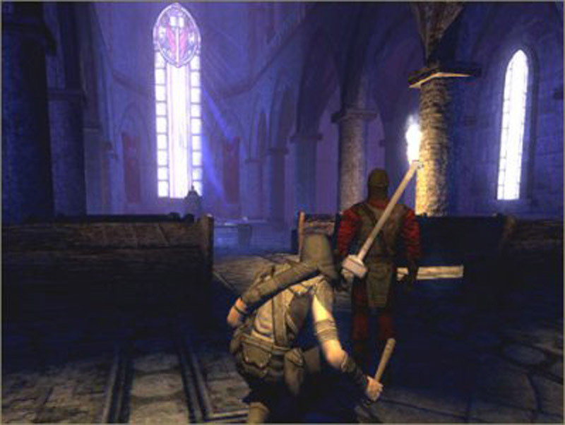 Garrett approaches a guard inside a blue-lit hall.