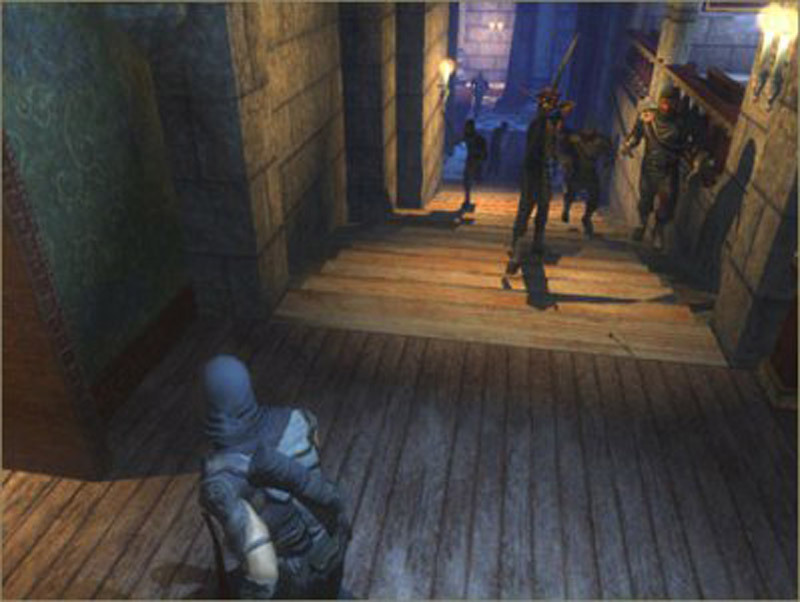 Garrett crouches near guards in a wooden corridor.
