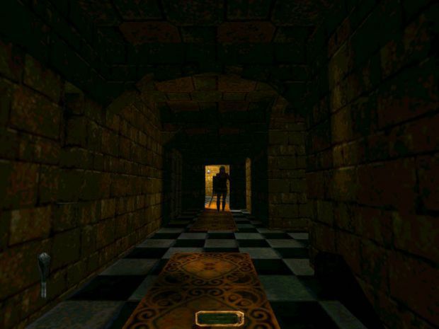 Garrett watches a figure at the end of a dark stone corridor.
