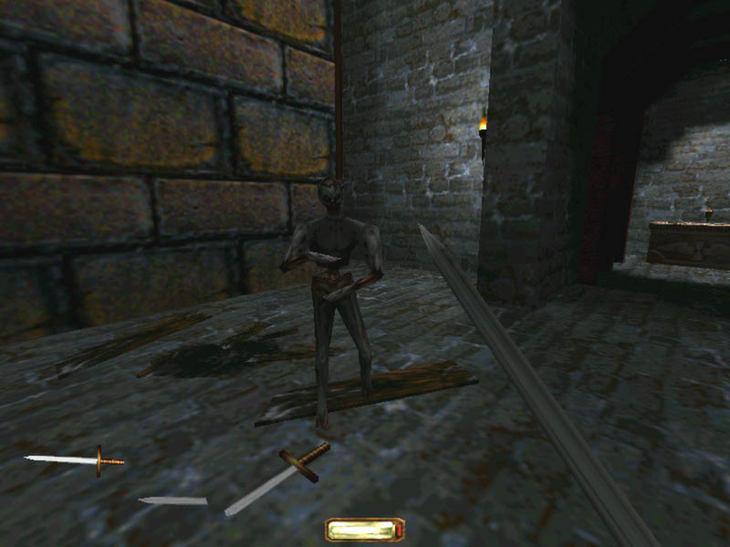 Garrett faces a creature in a ruined passage.
